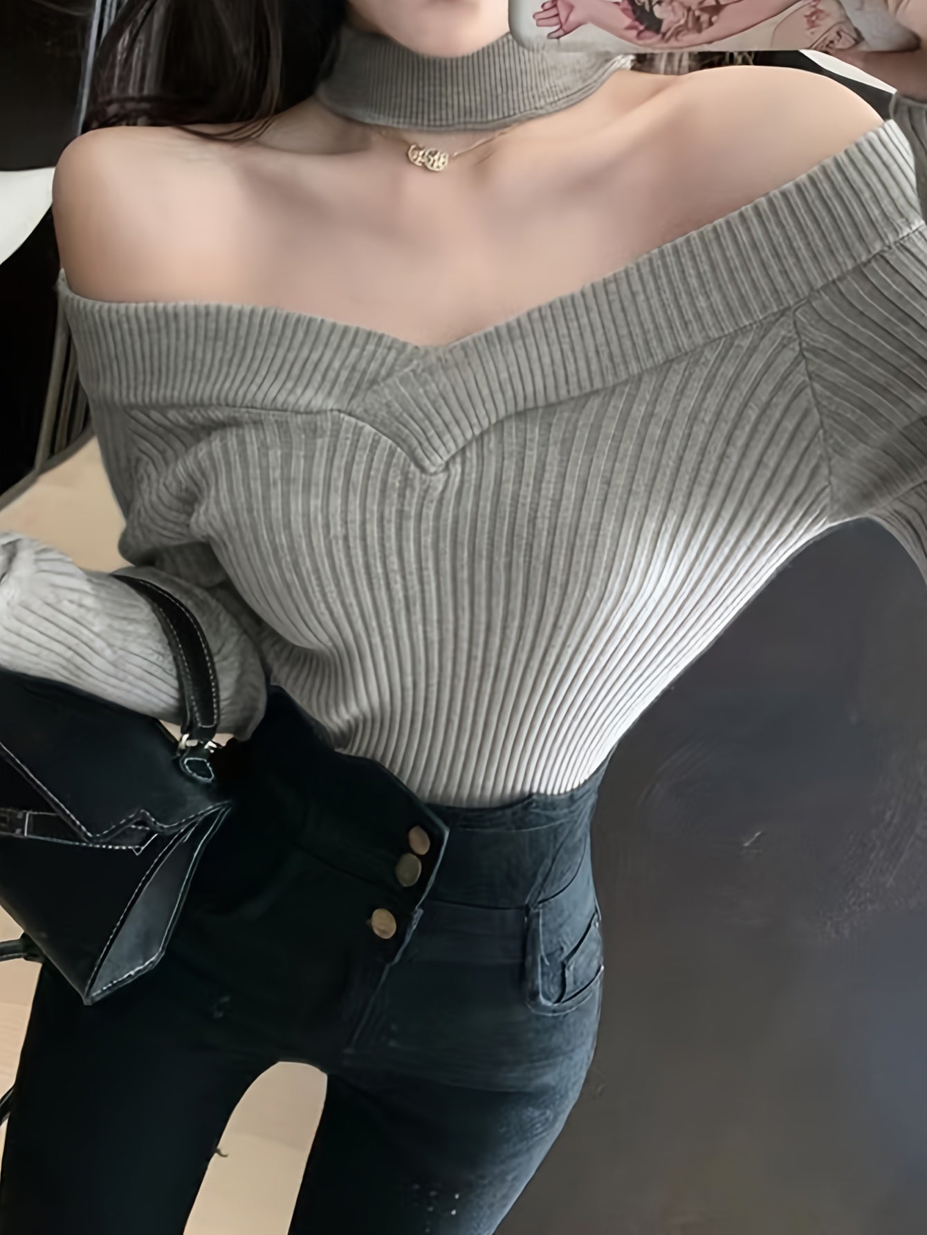Antmvs Cold Shoulder Choker Neck Sweater, Chic Long Sleeve Sweater For Fall & Winter, Women's Clothing