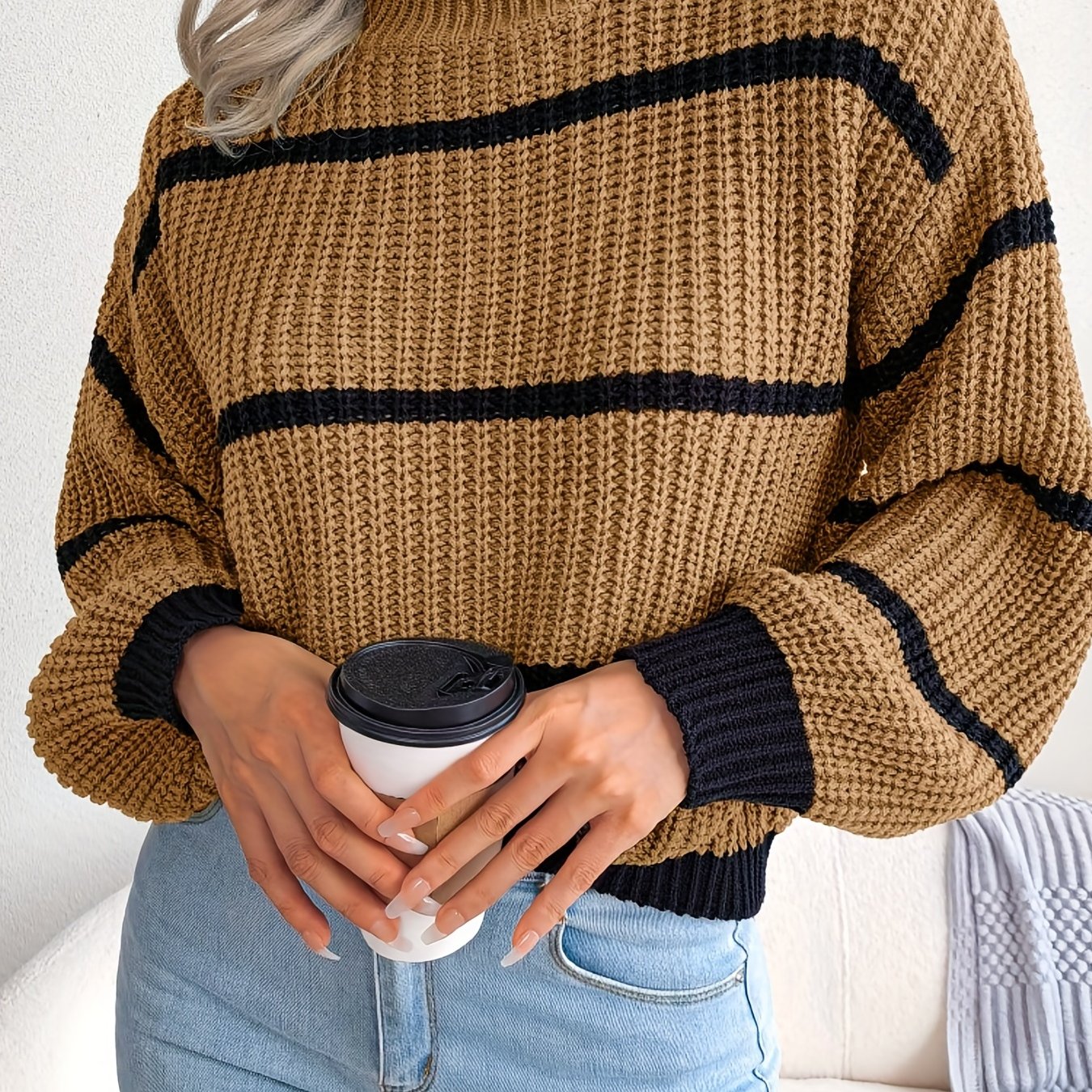 Antmvs Striped Color Block Crew Neck Sweater, Casual Long Sleeve Loose Fall Winter Knit Sweater, Women's Clothing