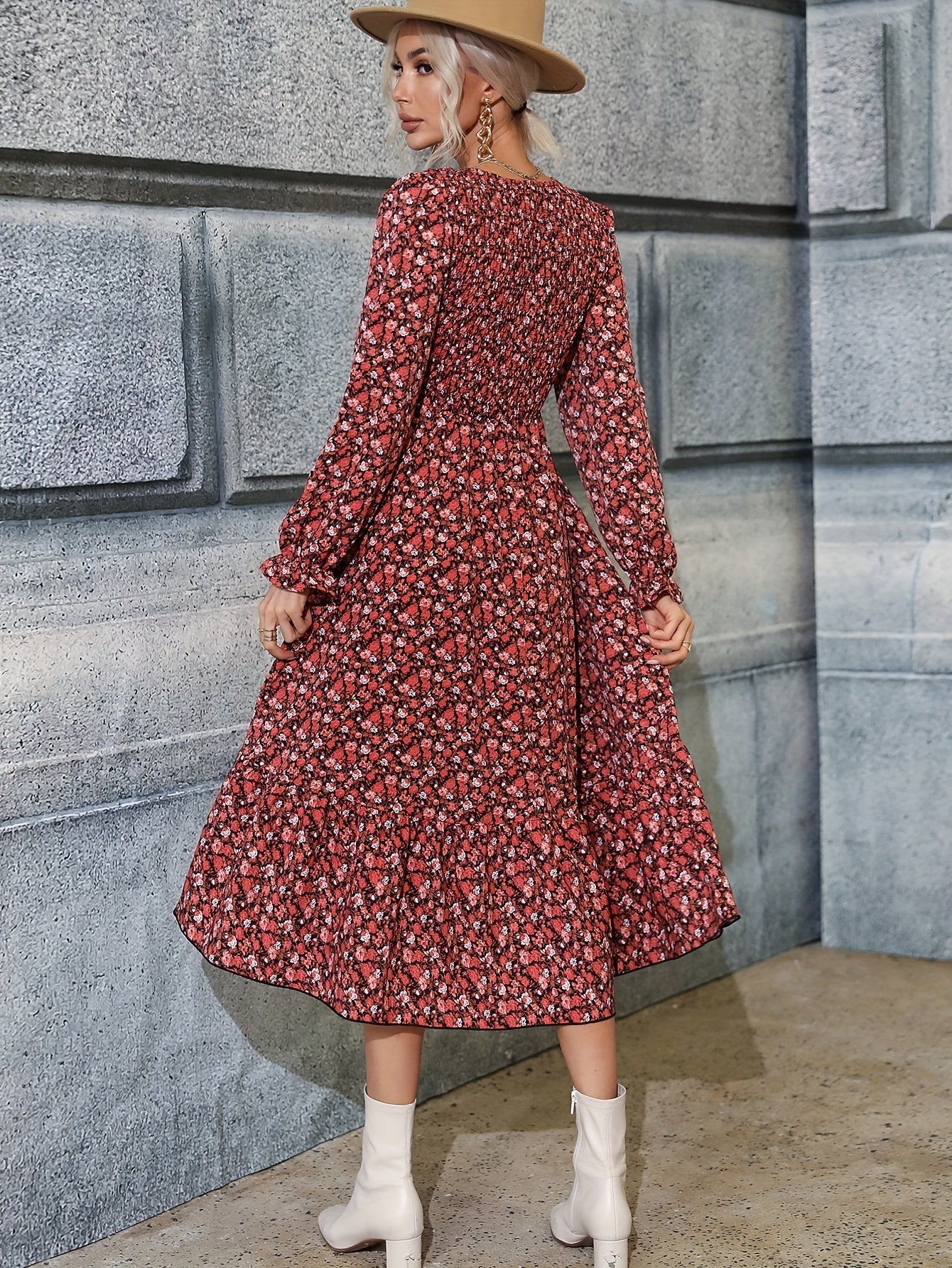 Antmvs Ditsy Floral Print Dress, Elegant Shirred Long Sleeve Midi Dress, Women's Clothing