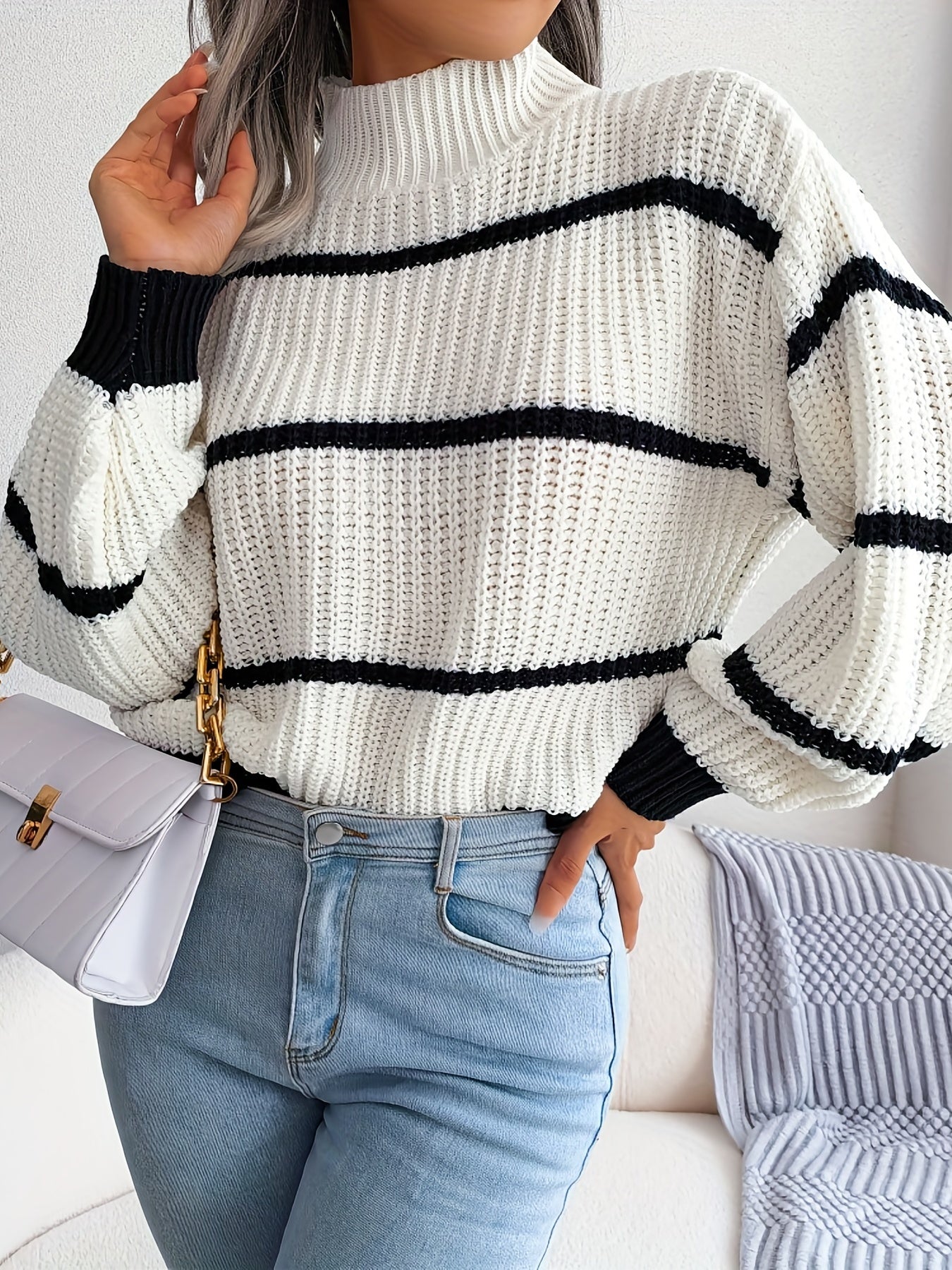 Antmvs Striped Color Block Crew Neck Sweater, Casual Long Sleeve Loose Fall Winter Knit Sweater, Women's Clothing