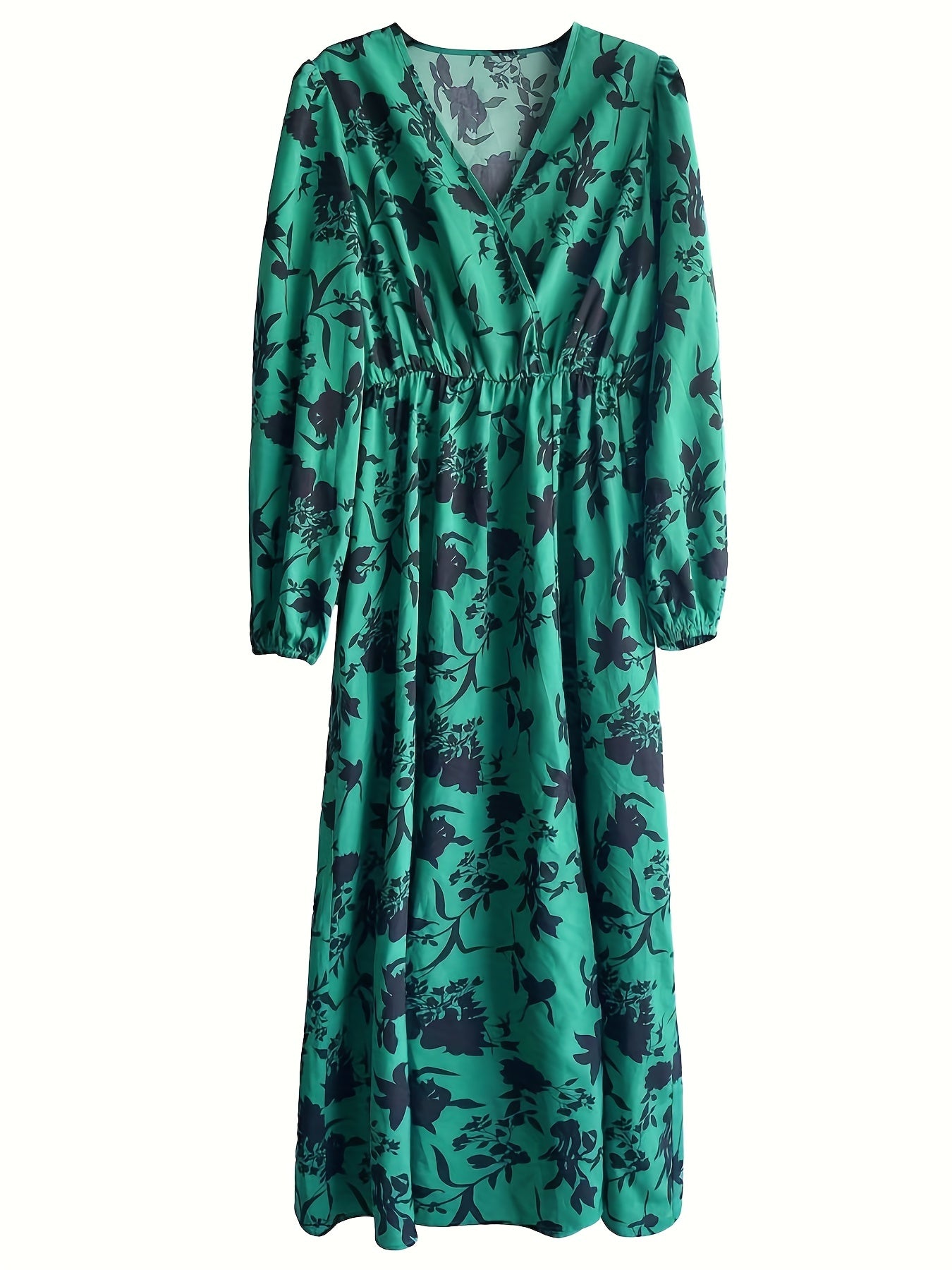 Antmvs Floral Print Split V Neck Dress, Elegant Long Sleeve Dress For Spring & Fall, Women's Clothing