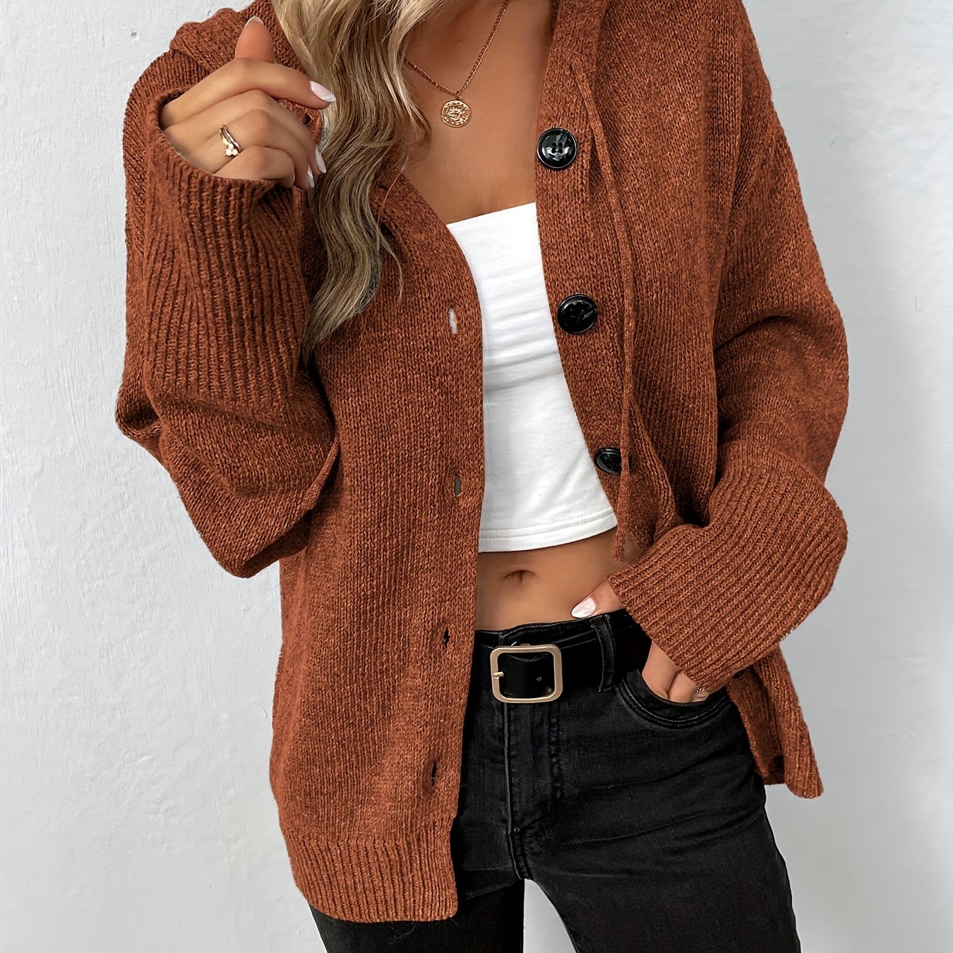 Antmvs Button Up Drawstring Hooded Cardigan, Causal Solid Long Sleeve Cardigan For Spring & Fall, Women's Clothing