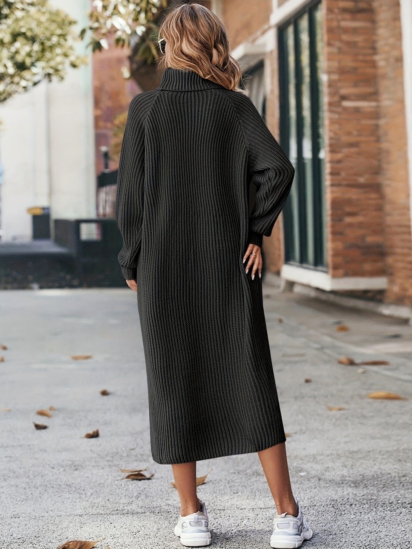 Antmvs Turtleneck Ribbed Sweater Dress, Casual Solid Long Sleeve Midi Dress, Women's Clothing