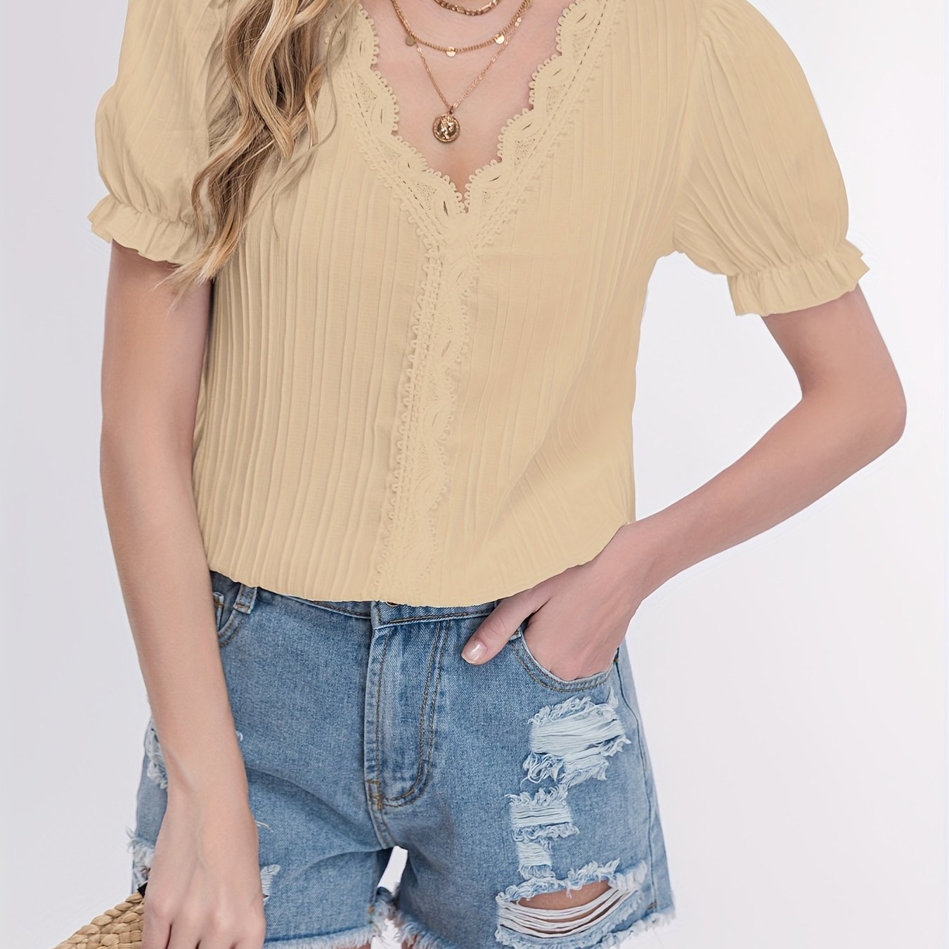 Antmvs Striped Solid Blouse, V Neck Casual Short Sleeve Versatile Blouse, Women's Clothing