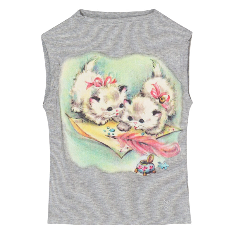 Antmvs Willa Solid Color Graphic Cat Image Print Slim Summer Cropped Top