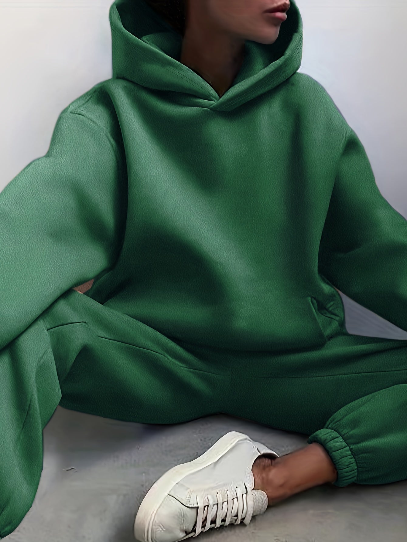 Antmvs Casual Solid Two-piece Set, Drop Shoulder Long Sleeve Hoodies & Elastic Waist Jogger Pants Outfits, Women's Clothing