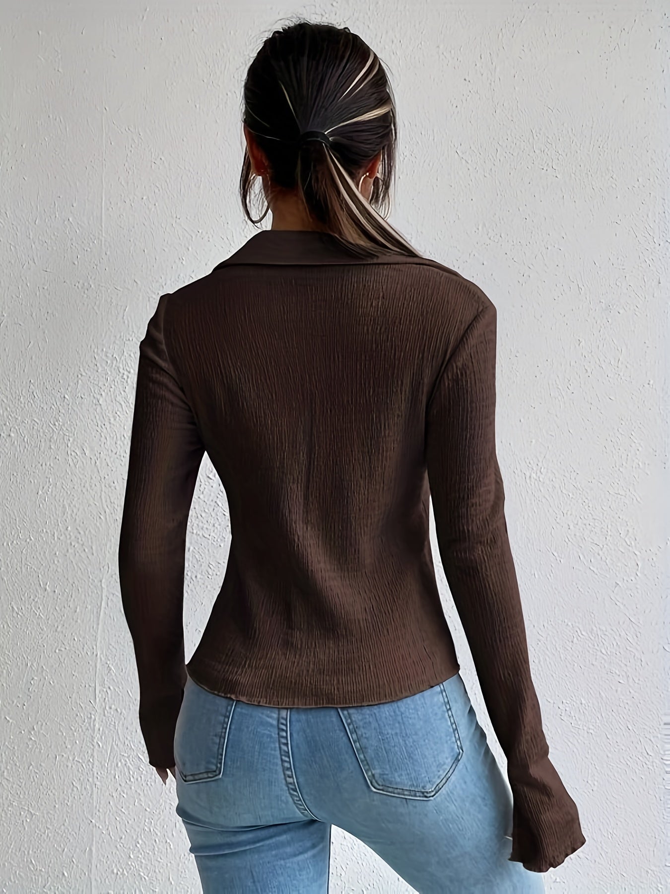 Antmvs Textured Button Front Collared Blouse, Casual Long Sleeve Top For Spring & Fall, Women's Clothing