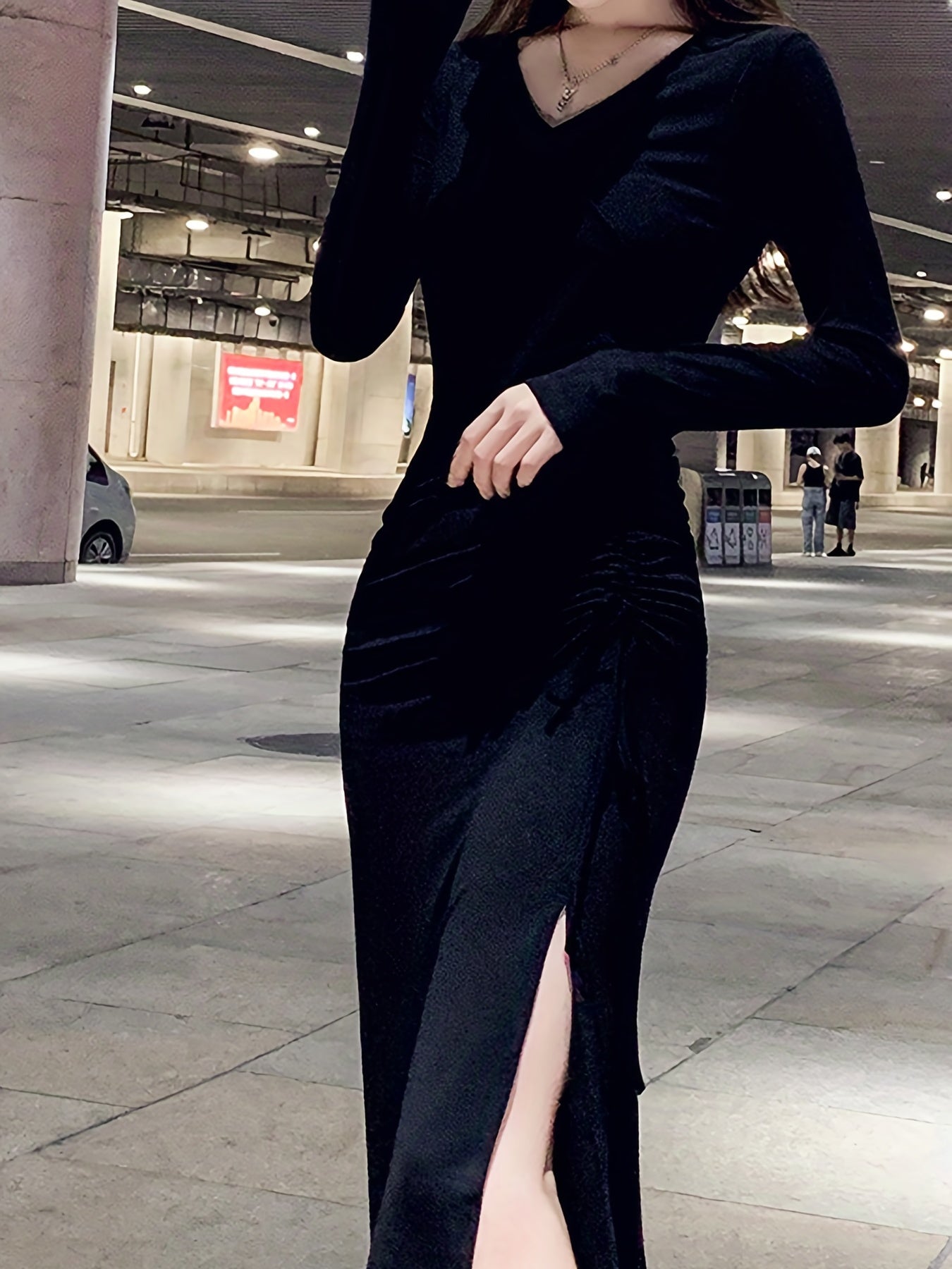 Antmvs Split Hem Drawstring Ruched Dress, Stylish V Neck Long Sleeve Dress For Spring & Fall, Women's Clothing