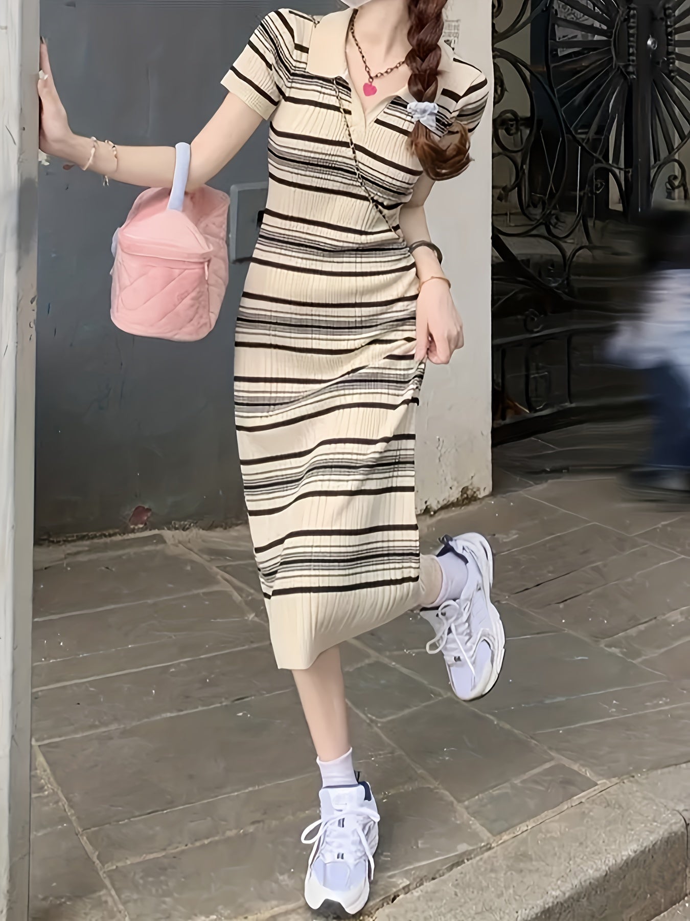 Antmvs Striped Print Collar Dress, Casual Short Sleeve Bodycon Summer Dress, Women's Clothing