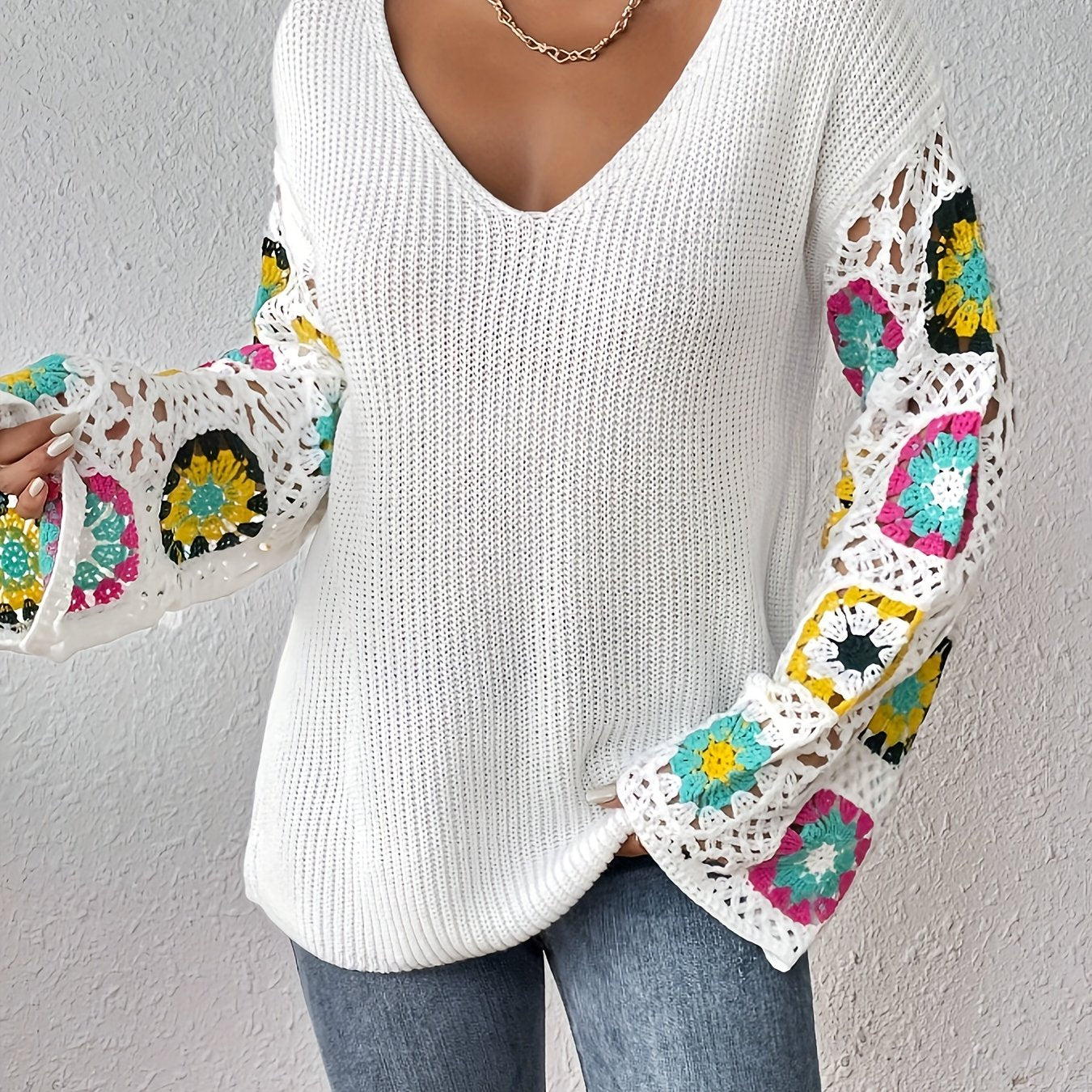 Antmvs Floral Pattern V Neck Knit Sweater, Casual Long Sleeve Pullover Sweater, Women's Clothing