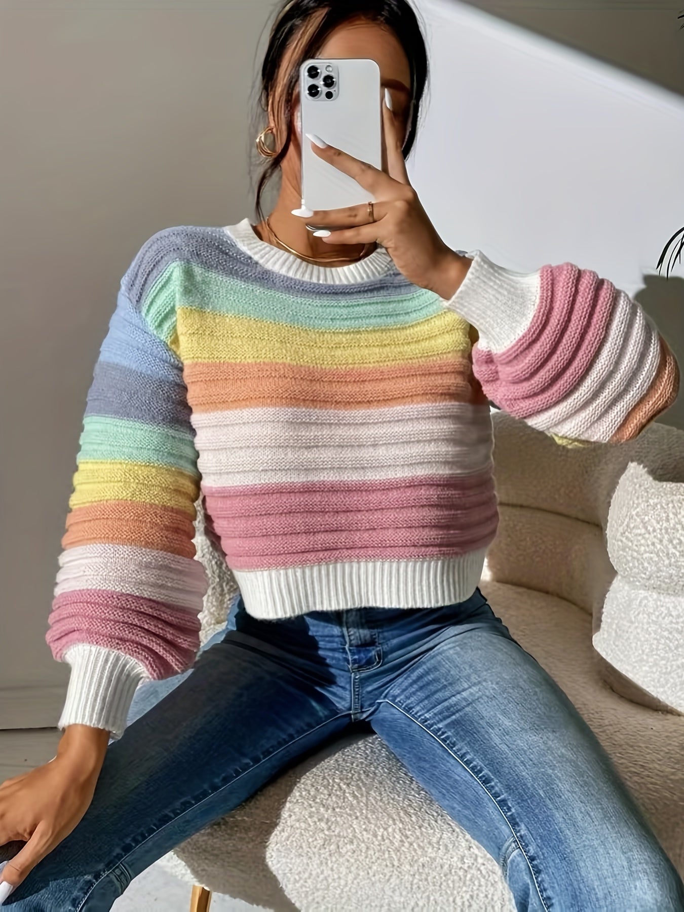 Antmvs Striped Pattern Crew Neck Sweater, Casual Long Lantern Sleeve Sweater For Spring & Fall, Women's Clothing