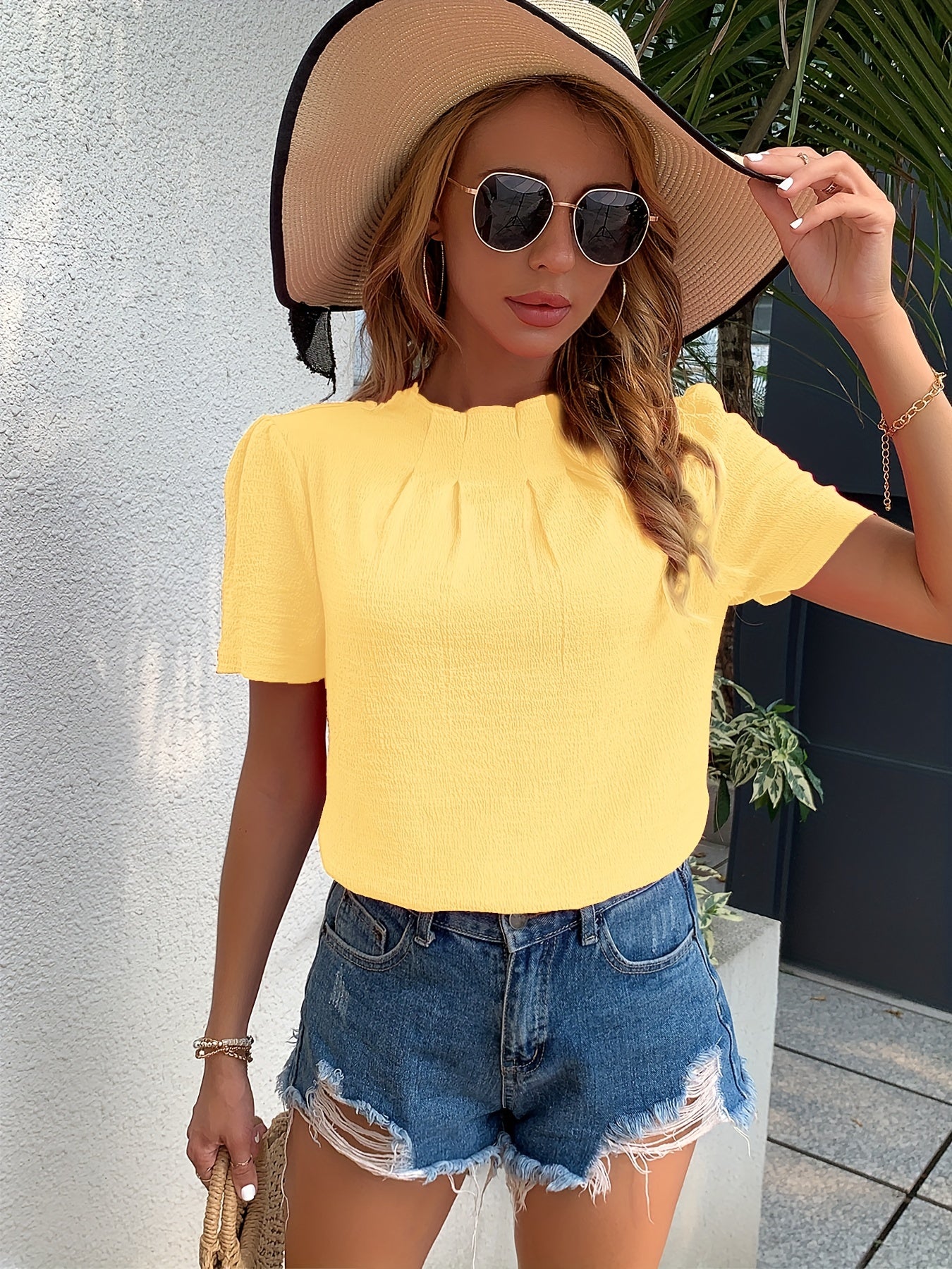 Antmvs Ruched Keyhole Blouse, Elegant High Neck Keyhole Short Sleeve Blouse, Women's Clothing