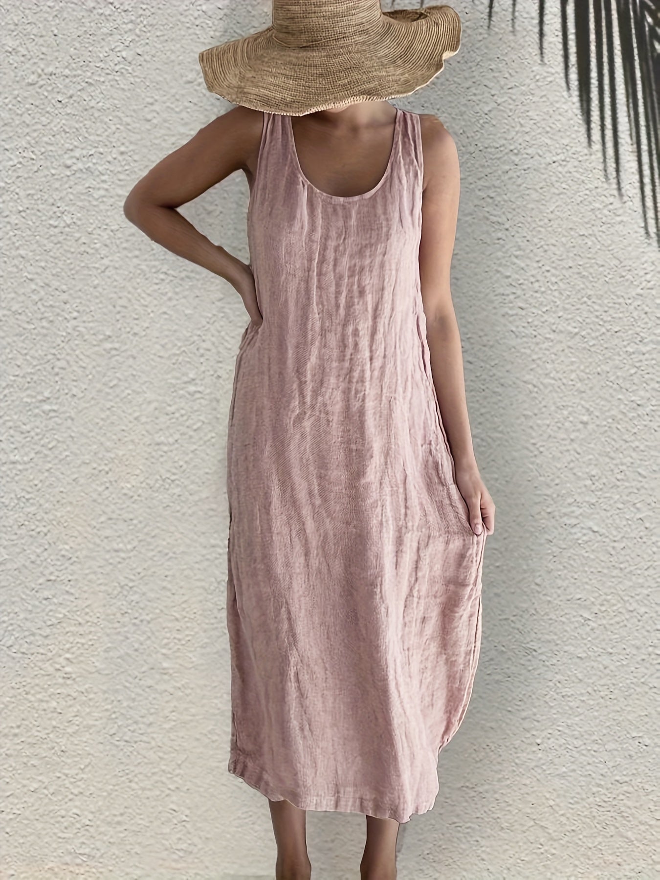 Antmvs Solid Color Crew Neck Tank Dress, Casual Sleeveless Tank Dress For Every Day, Women's Clothing
