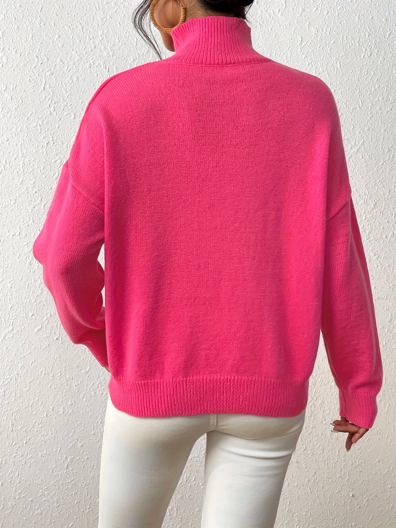 Antmvs Solid Mock Neck Knit Sweater, Casual Drop Shoulder Long Sleeve Sweater, Women's Clothing