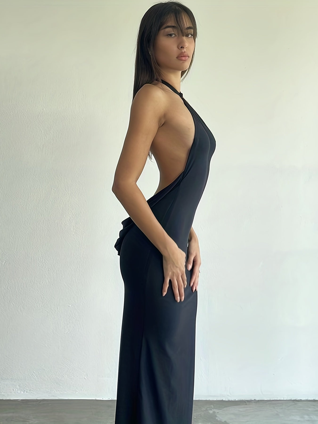 Antmvs Solid Tie Back Halter Neck Dress, Elegant Backless Bodycon Halter Dress For Party & Banquet, Women's Clothing