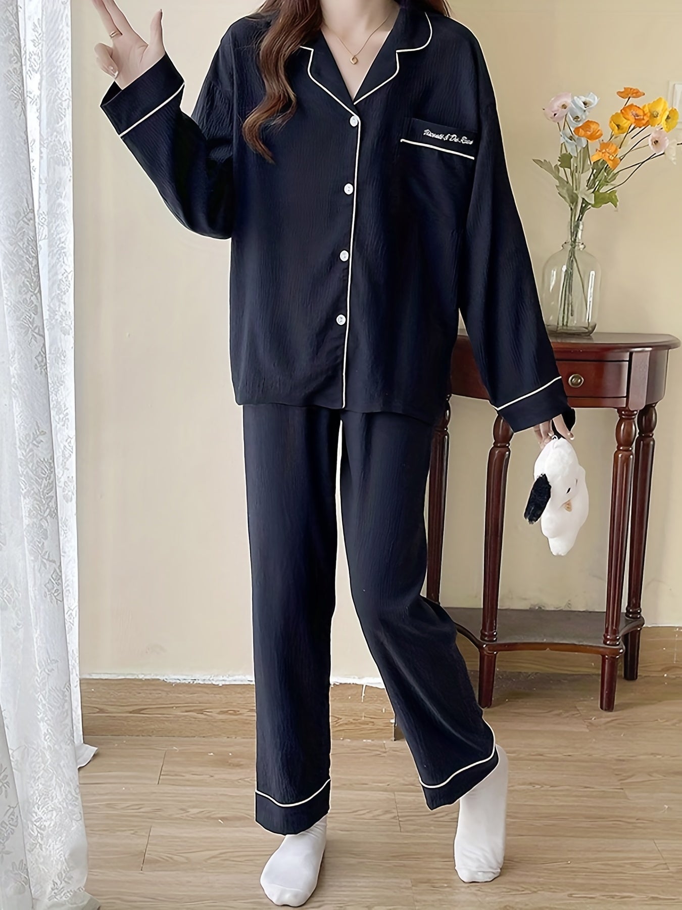 Antmvs Letter Print Lounge Set, Long Sleeve Buttons Top & Elastic Waistband Pants, Women's Loungewear & Sleepwear
