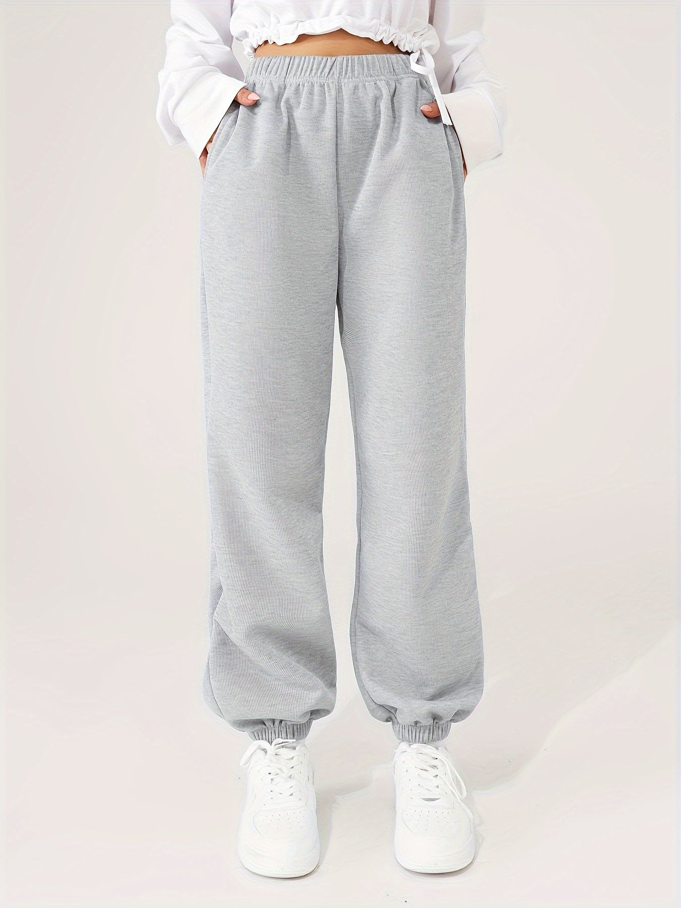 Antmvs Women's Elastic Solid Color High Waist Sweatpants Autumn And Winter, Comfortable Loose Workout Pocket Jogger Pants, Women's Activewear