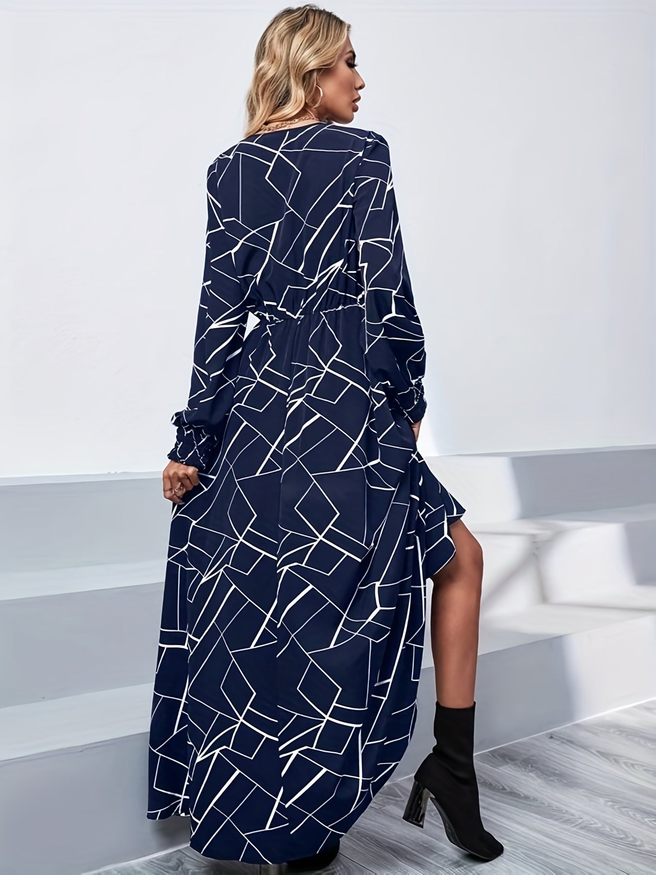 Antmvs Geo Print Maxi Dress, Elegant V Neck Long Sleeve Dress, Women's Clothing