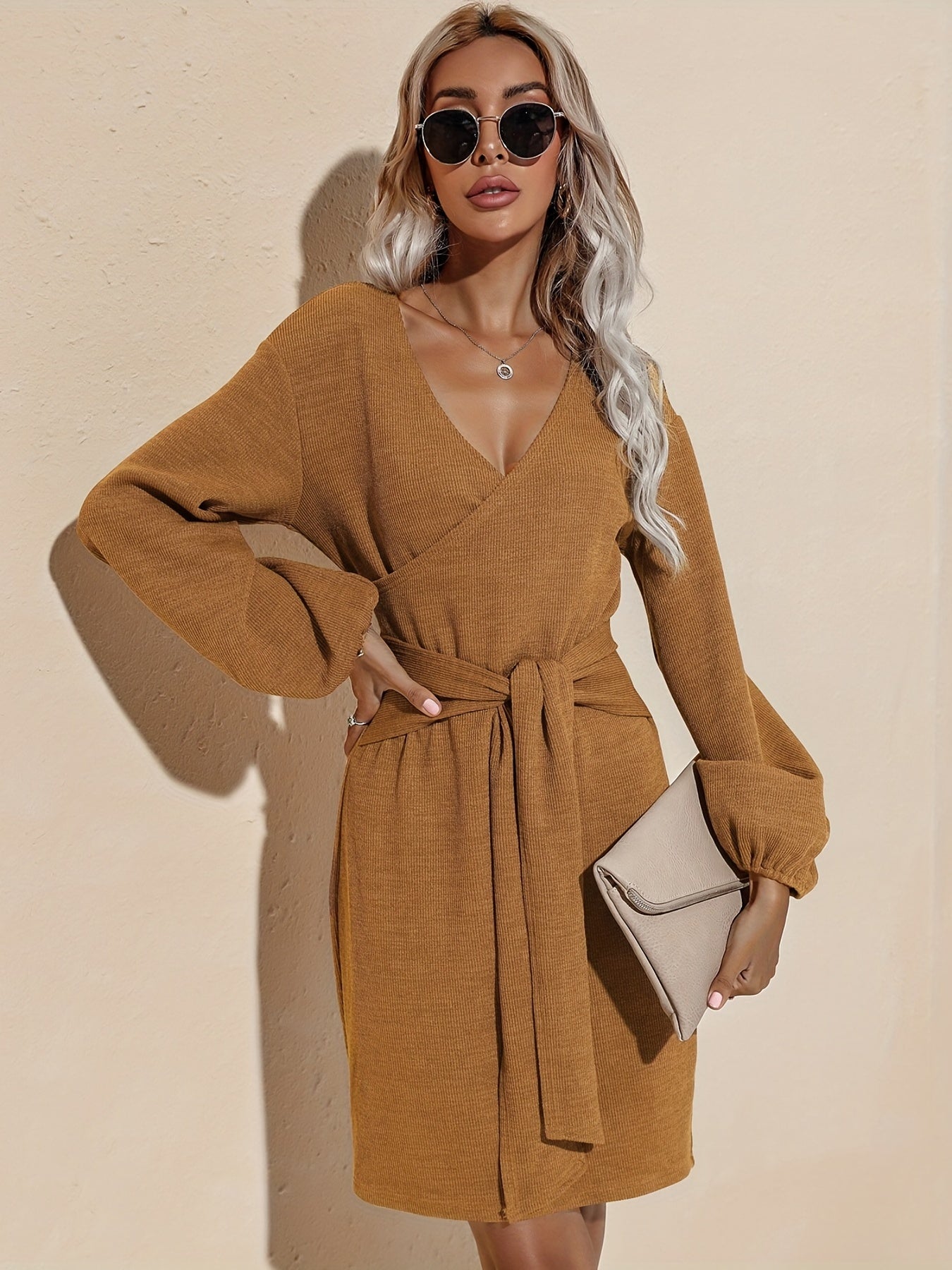 Antmvs Surplice Neck Lantern Sleeve Dress, Elegant Solid Versatile Dress, Women's Clothing