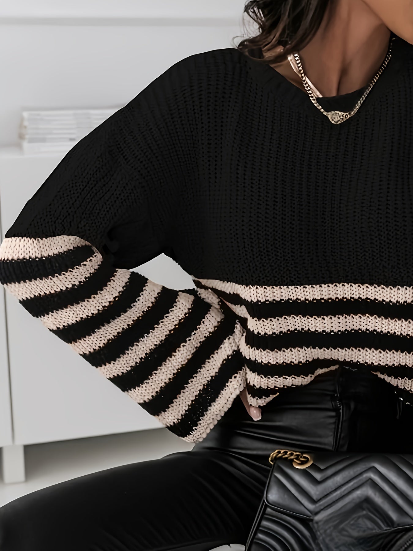 Antmvs Plus Size Casual Sweater, Women's Plus Stripe Print Long Sleeve Round Neck Slight Stretch Sweater