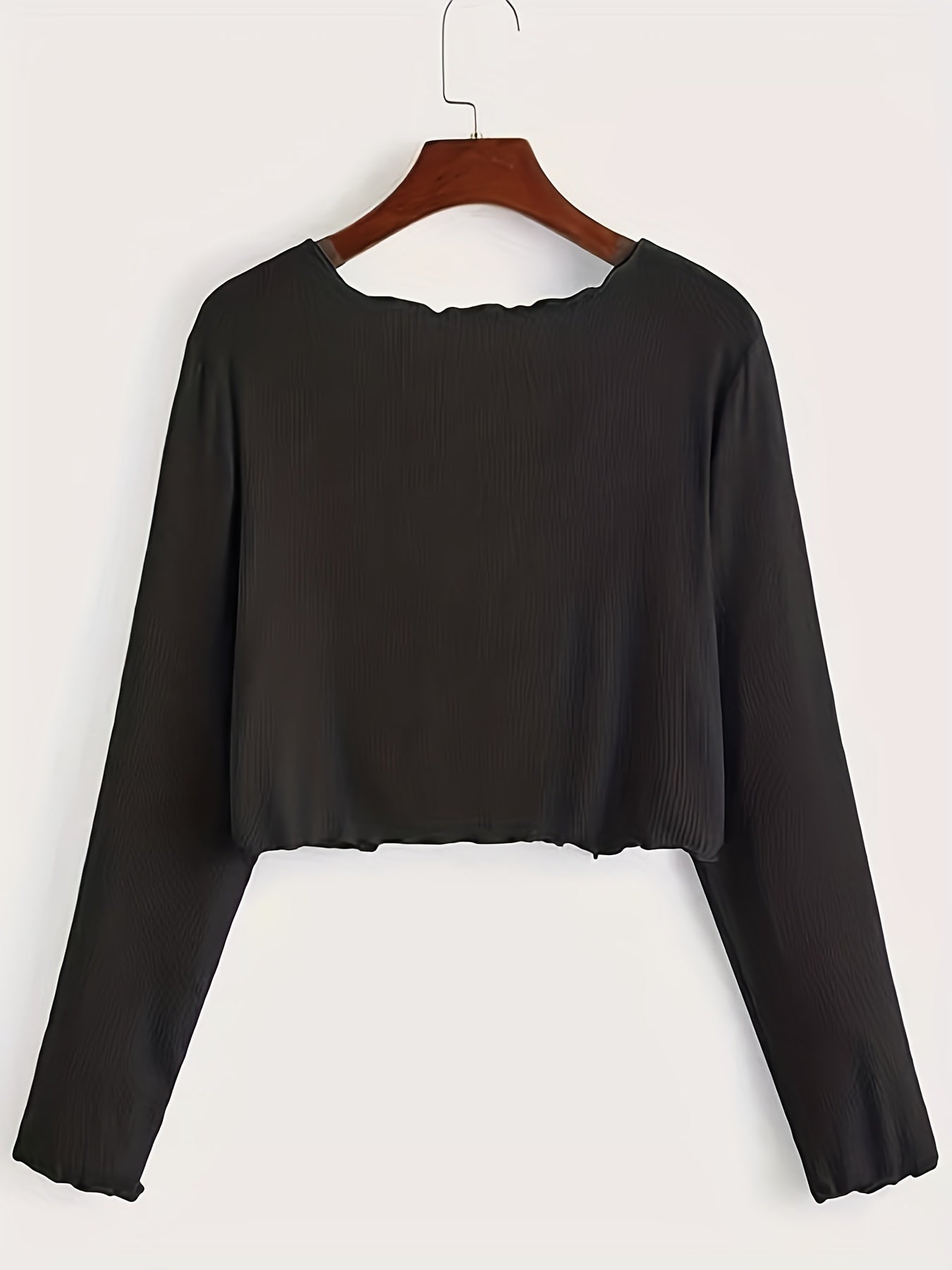 Antmvs Solid Tied Front Crop Cardigan, Casual Lettuce Trim Long Sleeve Cardigan, Women's Clothing