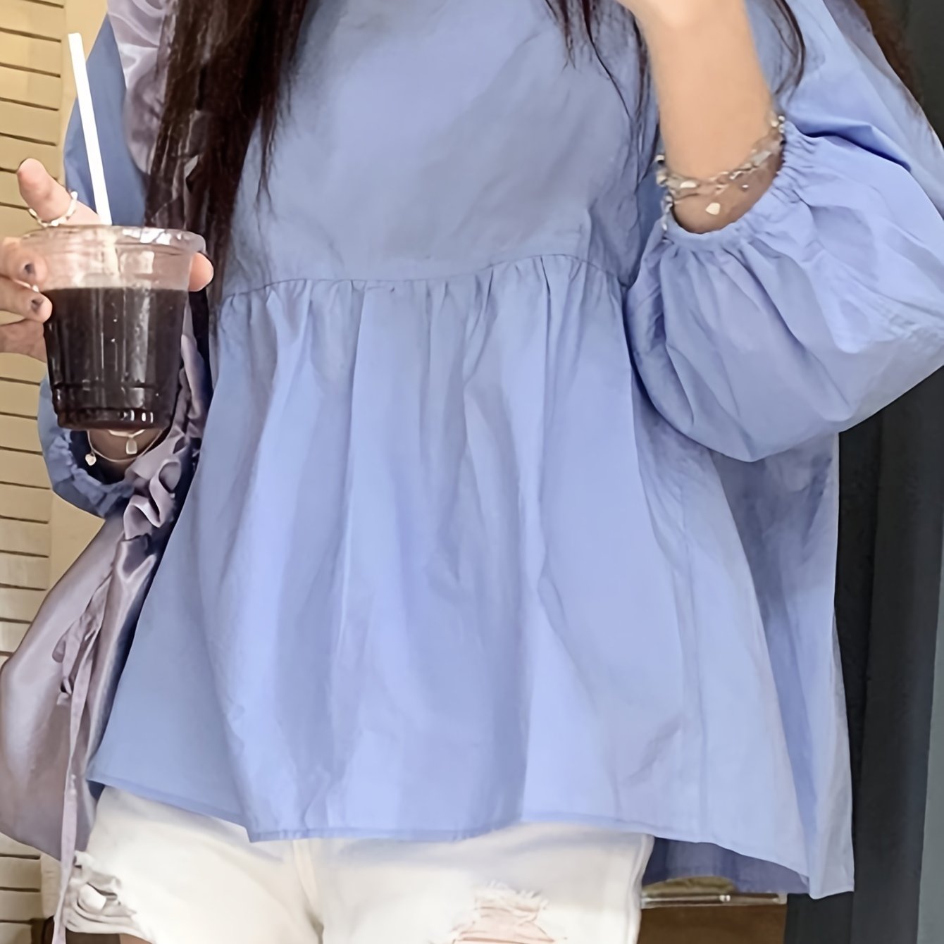 Antmvs Solid Crew Neck Smocked Blouse, Casual Long Sleeve Blouse For Spring & Fall, Women's Clothing