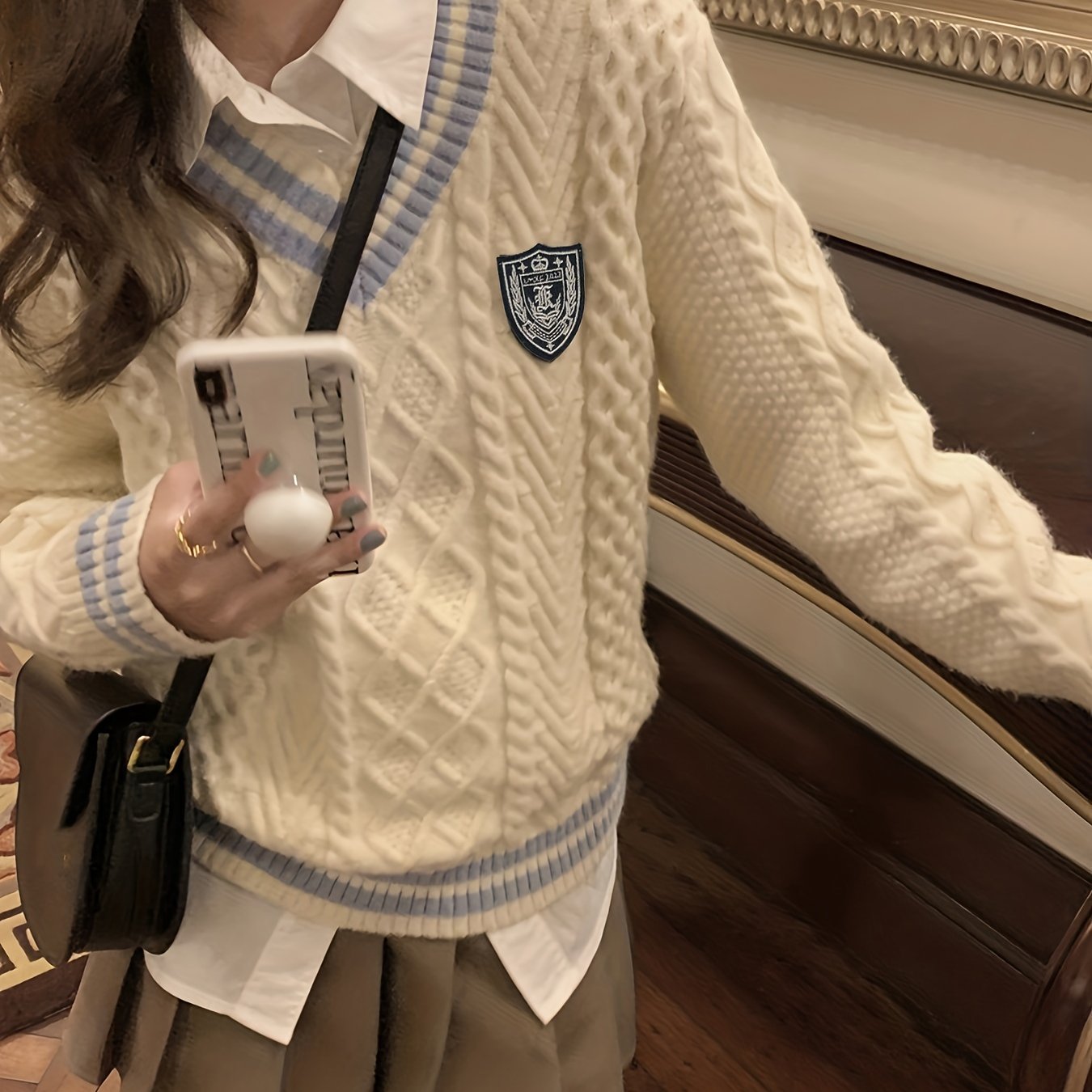 Antmvs Contrast Trim Cable Knit Sweater, Preppy V Neck Long Sleeve Sweater For Fall & Winter, Women's Clothing