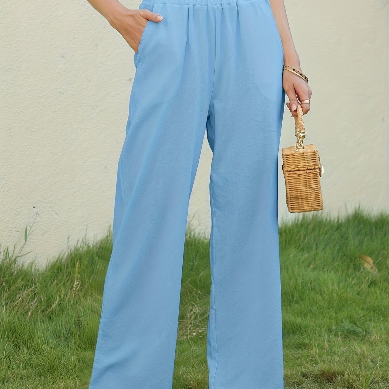 Antmvs Solid Wide Leg Elastic Waist Pants, Casual Dual Pockets Loose Pants, Women's Clothing