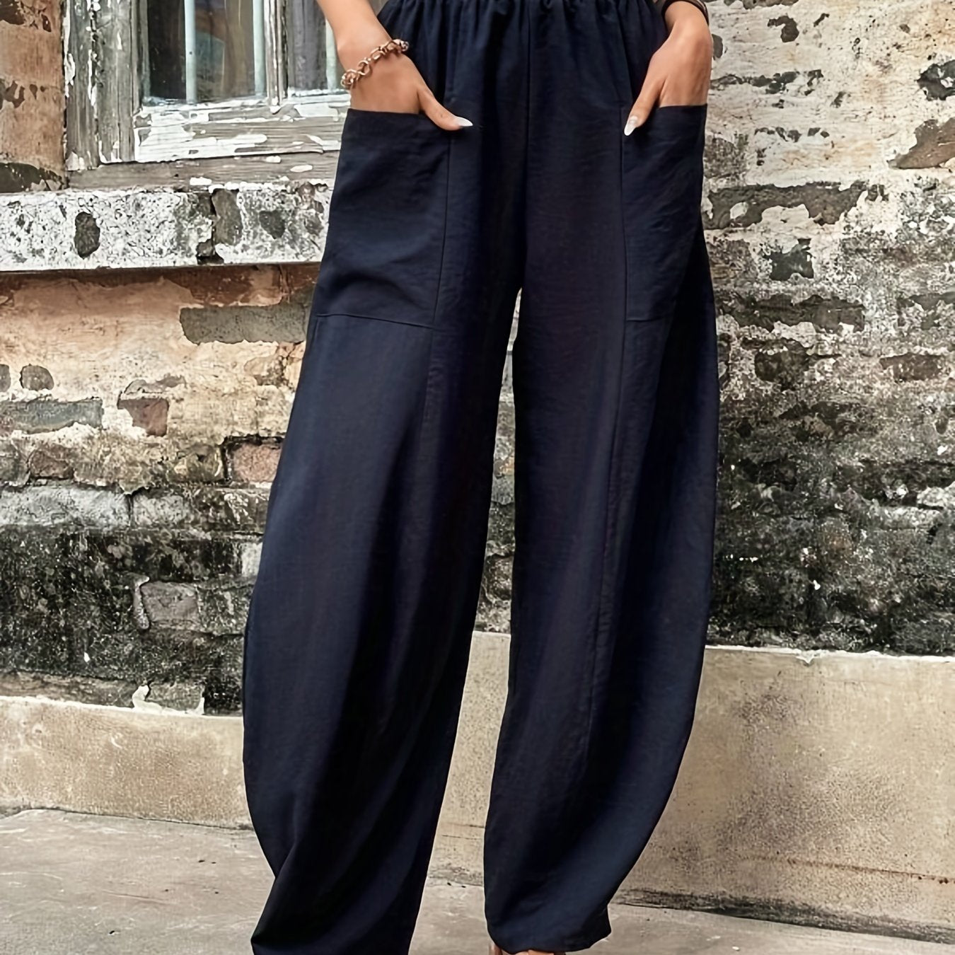 Antmvs Boho Solid Elastic Waist Harem Pants, Casual Long Length Baggy Pants With Pockets For Spring & Summer, Women's Clothing