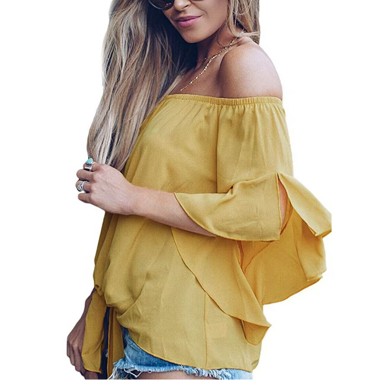 Elegant Solid Split Joint Off the Shoulder Tops