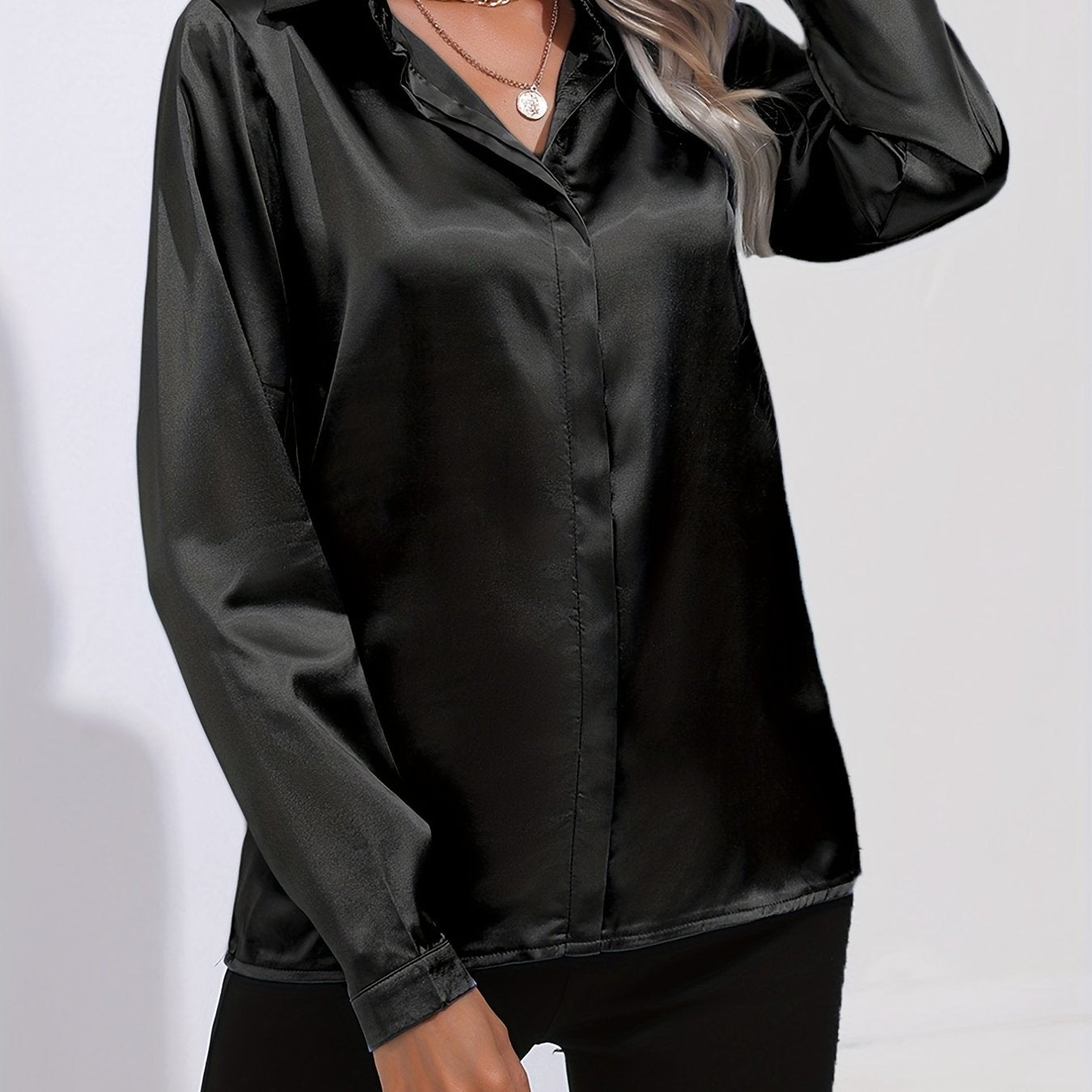 Antmvs Elegant Satin Blouse, Collar Long Sleeve Work Blouse, Women's Clothing