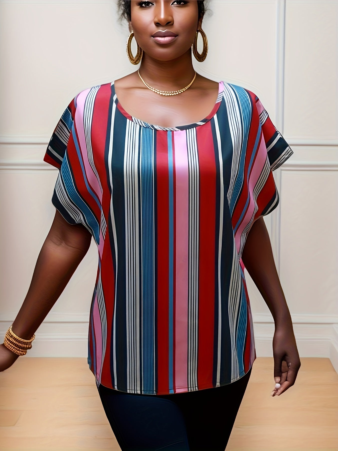 Antmvs Colorful Striped Blouse, Elegant Crew Neck Short Sleeve Comfy Blouse, Women's Clothing