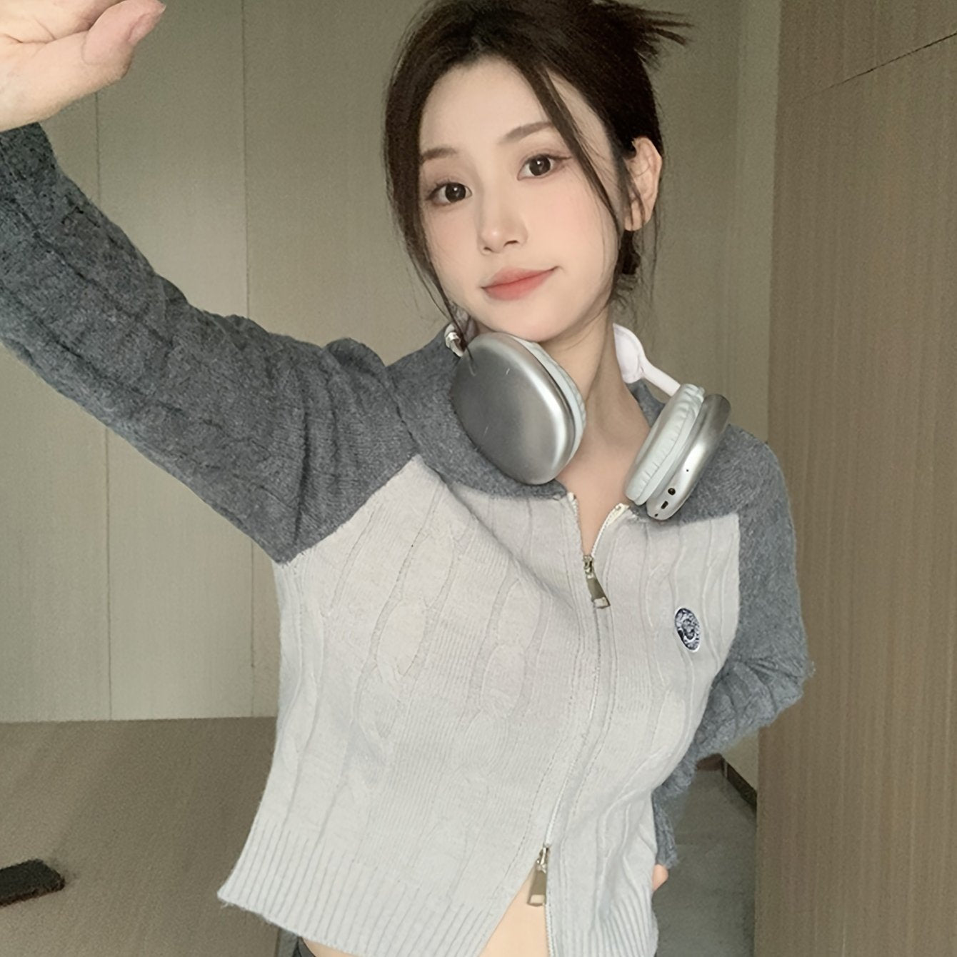 Antmvs Color Block Zip Up Cable Knit Cardigan, Casual Long Sleeve Slim Crop Sweater, Women's Clothing