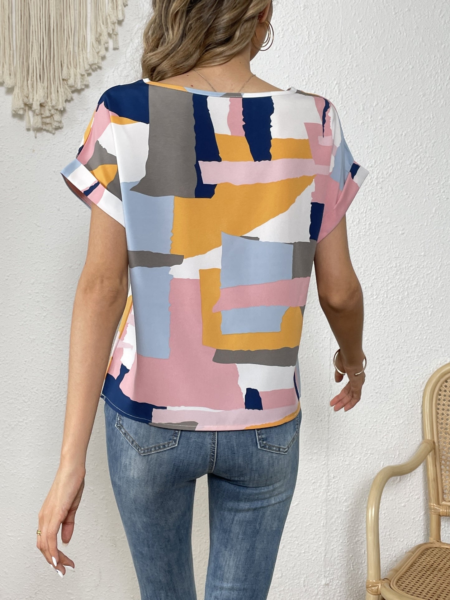 Antmvs Abstract Print T-Shirt, Crew Neck Batwing Sleeve Casual Top For Summer & Spring, Women's Clothing