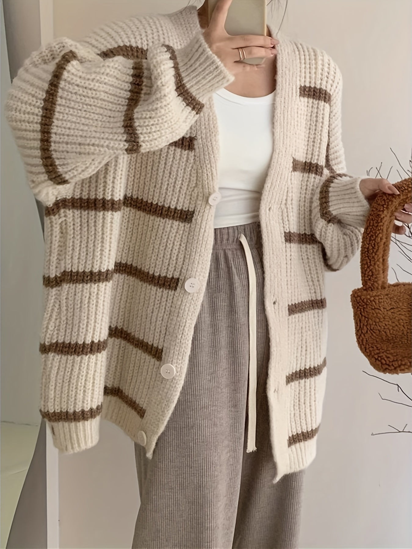 Antmvs Striped Button Down Knit Cardigan, Casual Long Sleeve Oversized Sweater, Women's Clothing