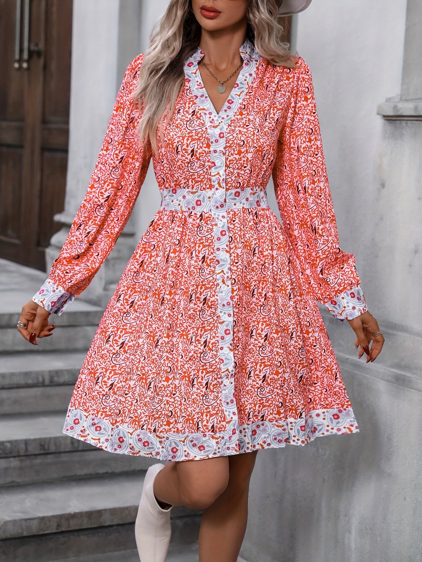 Antmvs Foral Print V Neck Dress, Elegant Long Sleeve Button Front Dress, Women's Clothing
