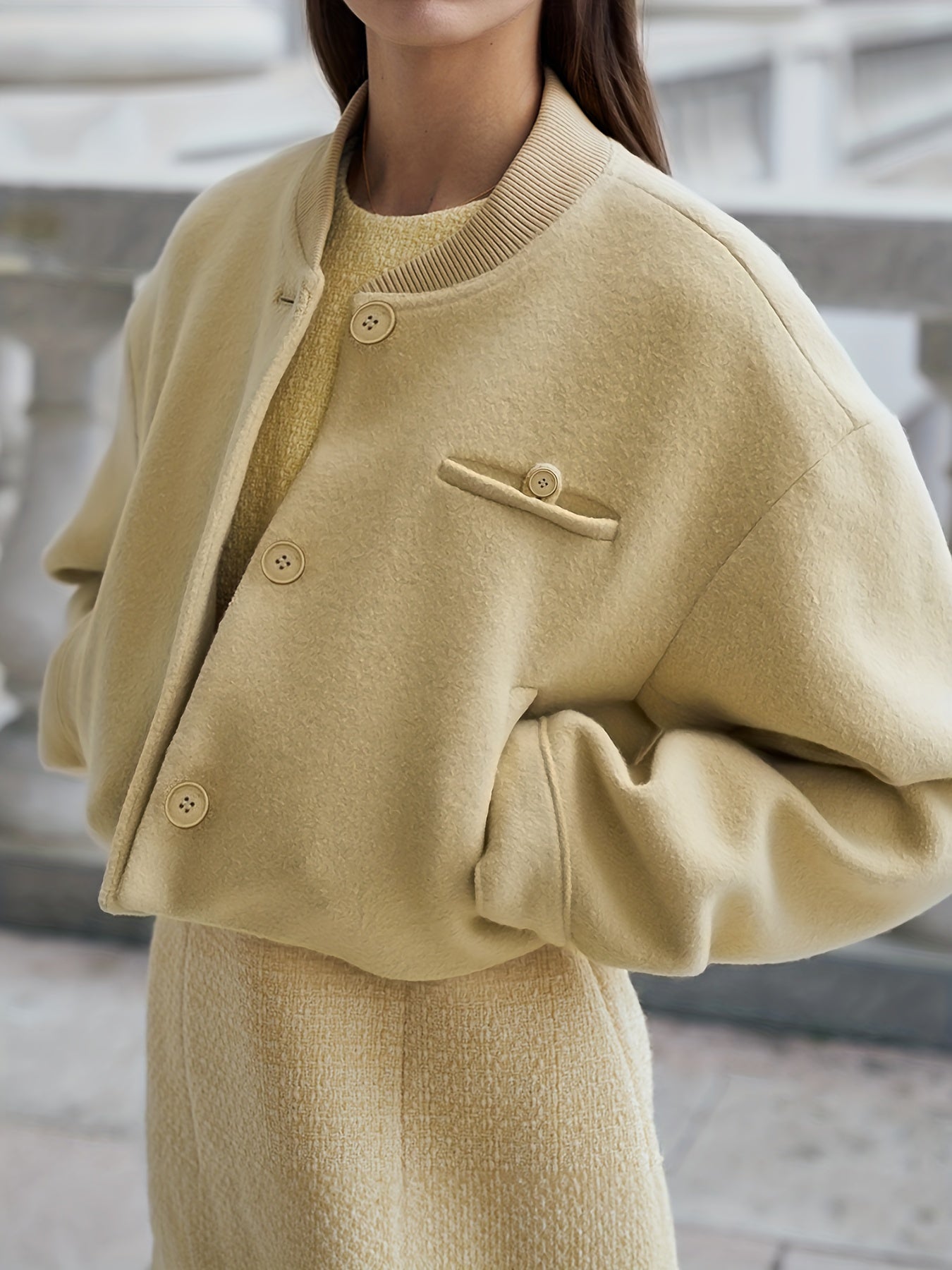Antmvs Button Front Solid Coat, Elegant Long Sleeve Outerwear With Pockets, Women's Clothing