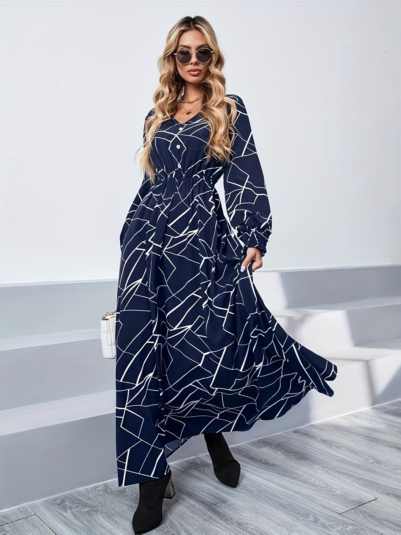 Antmvs Geo Print Maxi Dress, Elegant V Neck Long Sleeve Dress, Women's Clothing