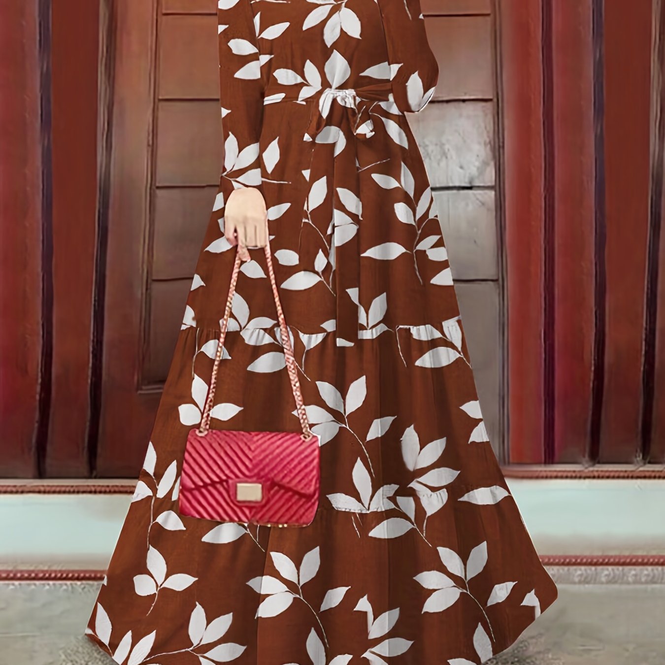 Antmvs Leaf Print Crew Neck Dress, Elegant Long Sleeve Belted Maxi Dress, Women's Clothing