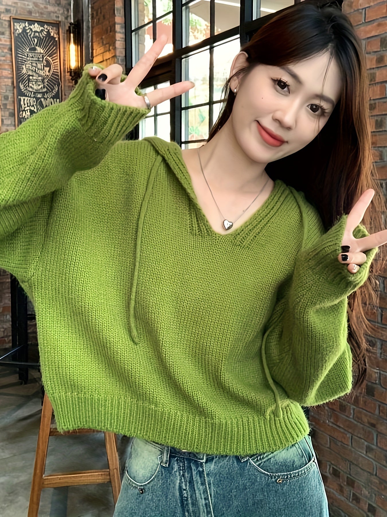Antmvs Solid Drawstring Hooded Sweater, Casual Long Sleeve Drop Shoulder Loose Sweater, Women's Clothing