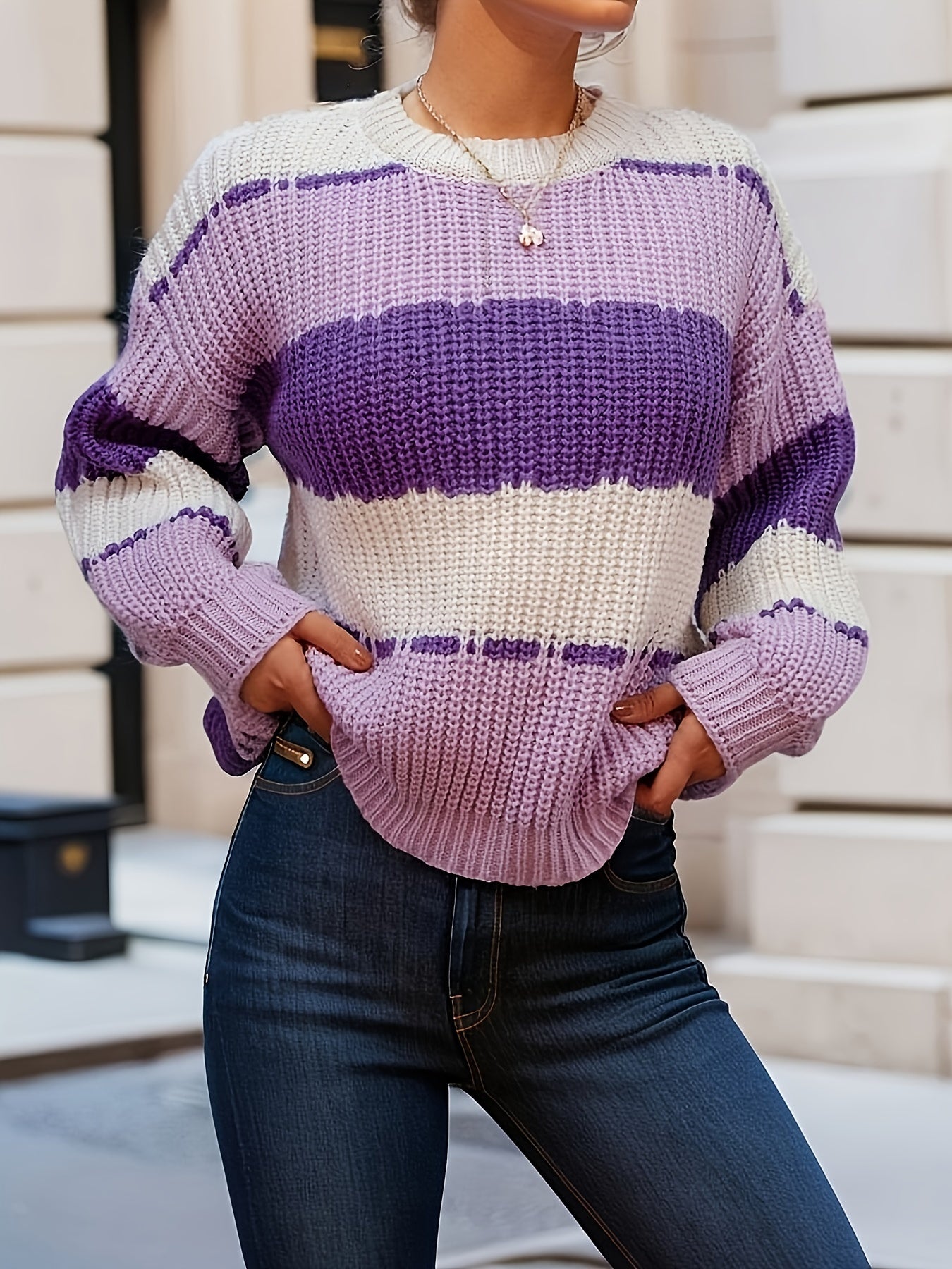Antmvs Long Sleeve Color Block Sweater, Loose Casual Sweater, Women's Clothing