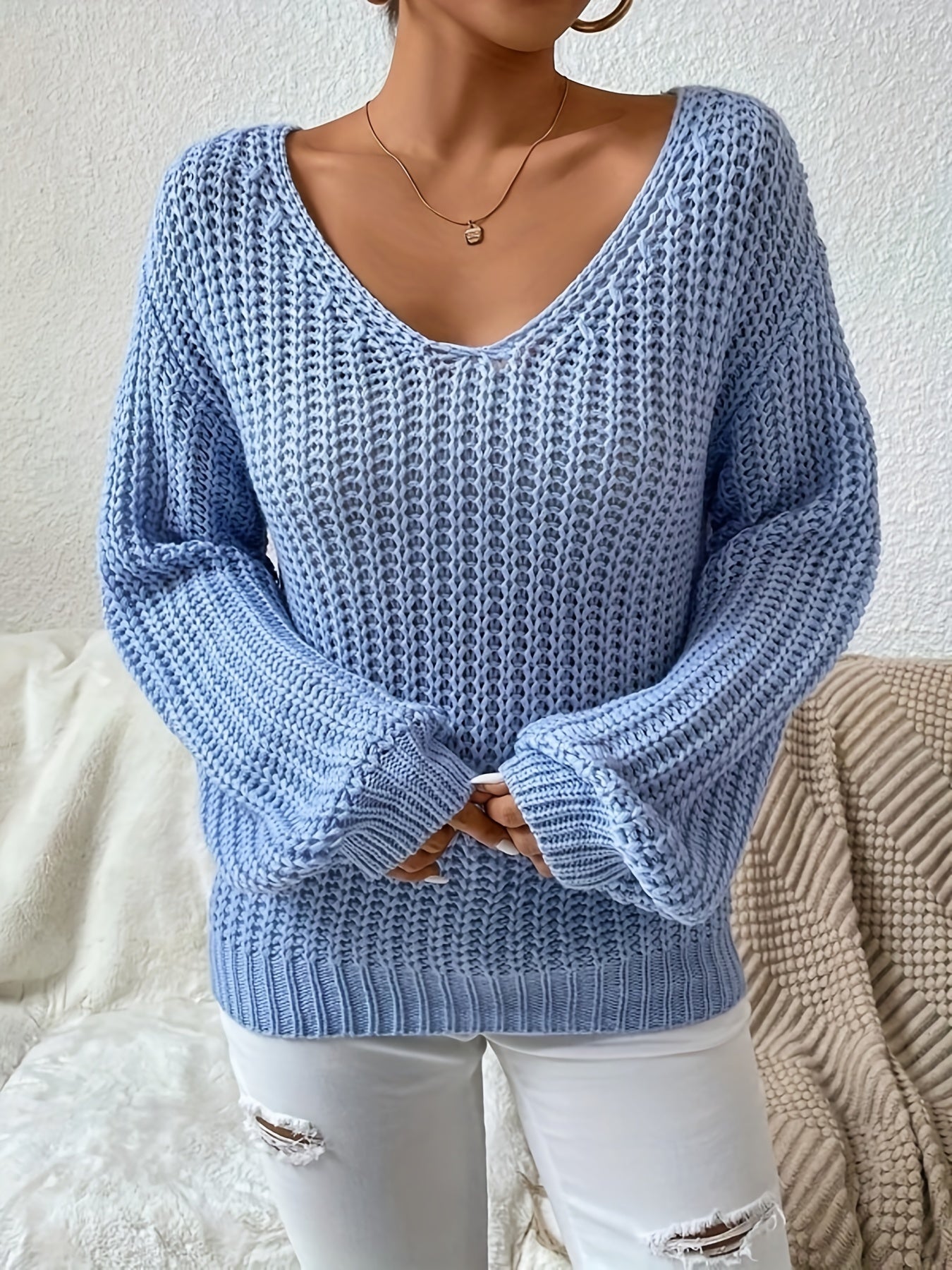 Antmvs V-neck Drop Shoulder Sweater, Casual Long Sleeve Sweater For Fall & Winter, Women's Clothing