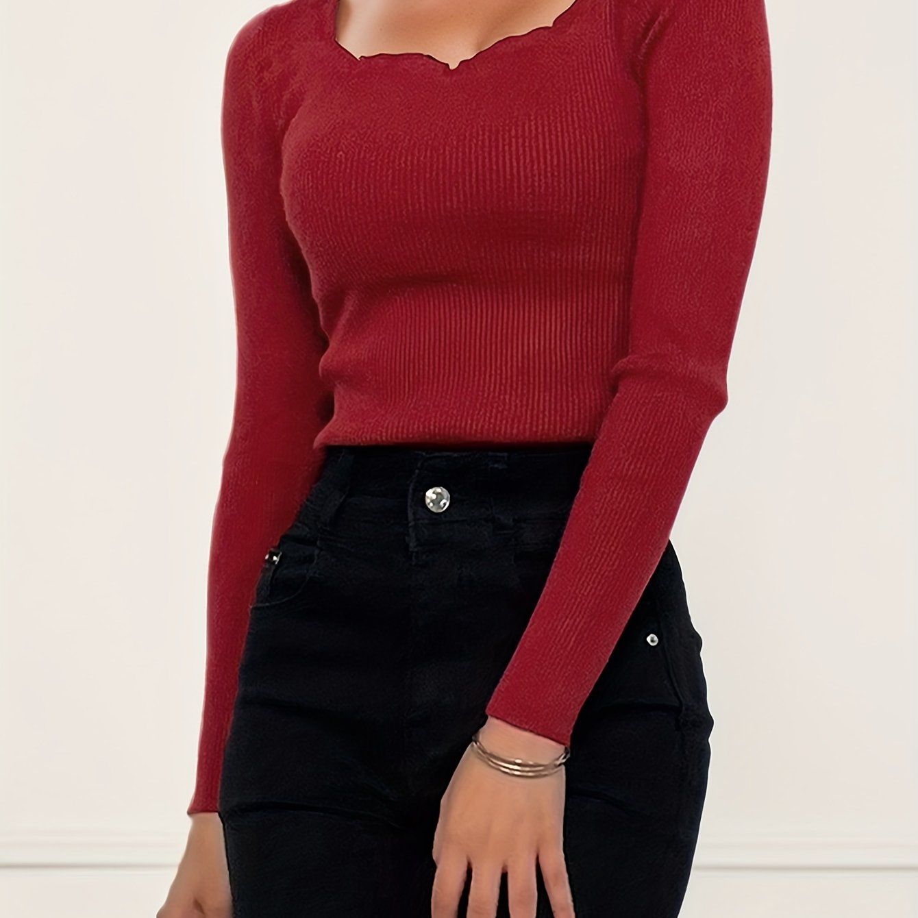 Antmvs Solid Inner Wear Slim Knitted Top, Elegant Long Sleeve Simple Sweater, Women's Clothing