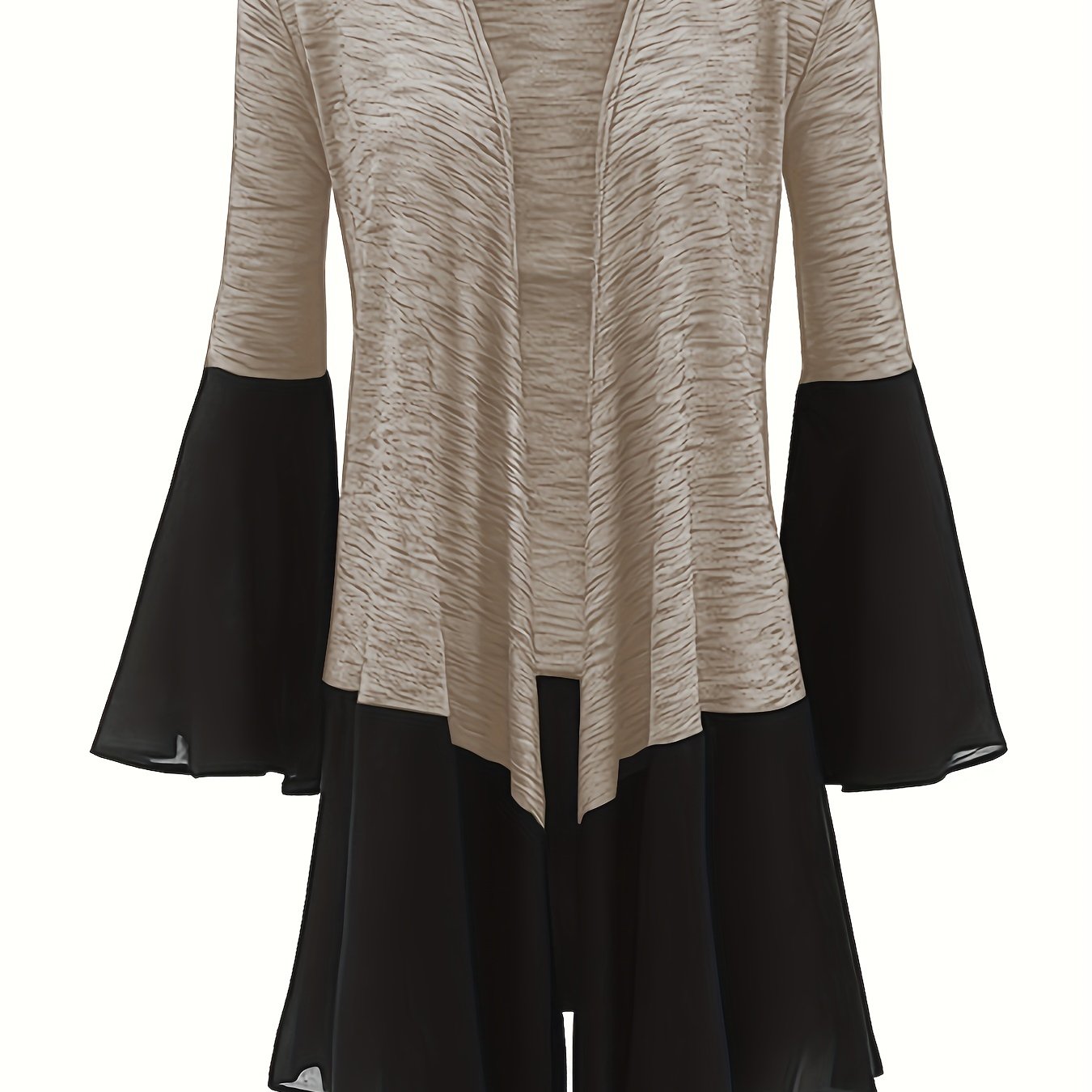 Antmvs Plus Size Elegant Overcoat, Women's Plus Contrast Mesh Bell Sleeve Open Front Slight Stretch Asymmetric Hem Cardigan