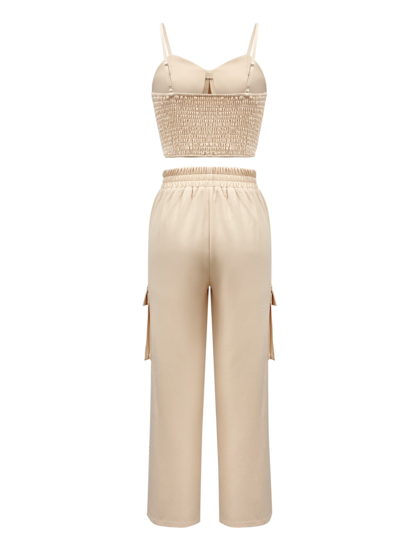 Antmvs Solid Casual Two-piece Set, Spaghetti Cropped Shirred Vest & High Waist Drawstring Pants Outfits, Women's Clothing