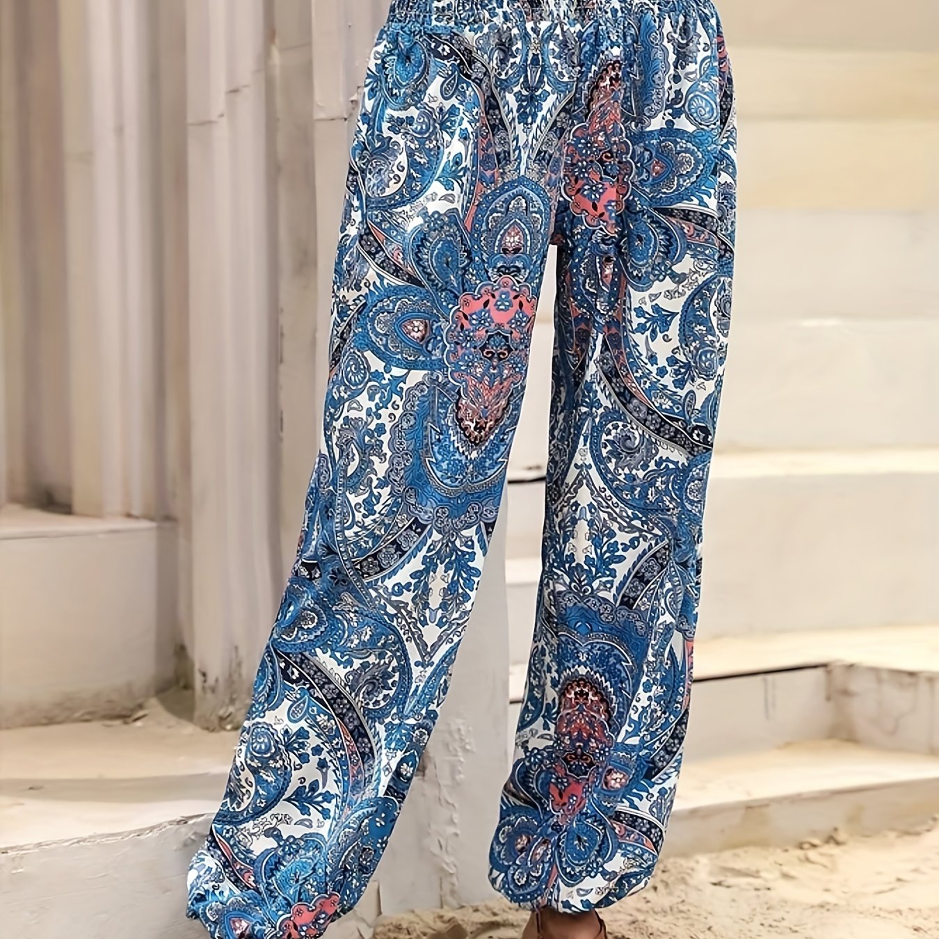 Antmvs Paisley Print Shirred Pants, Boho Long Length High Waist Pants For All Season, Women's Clothing