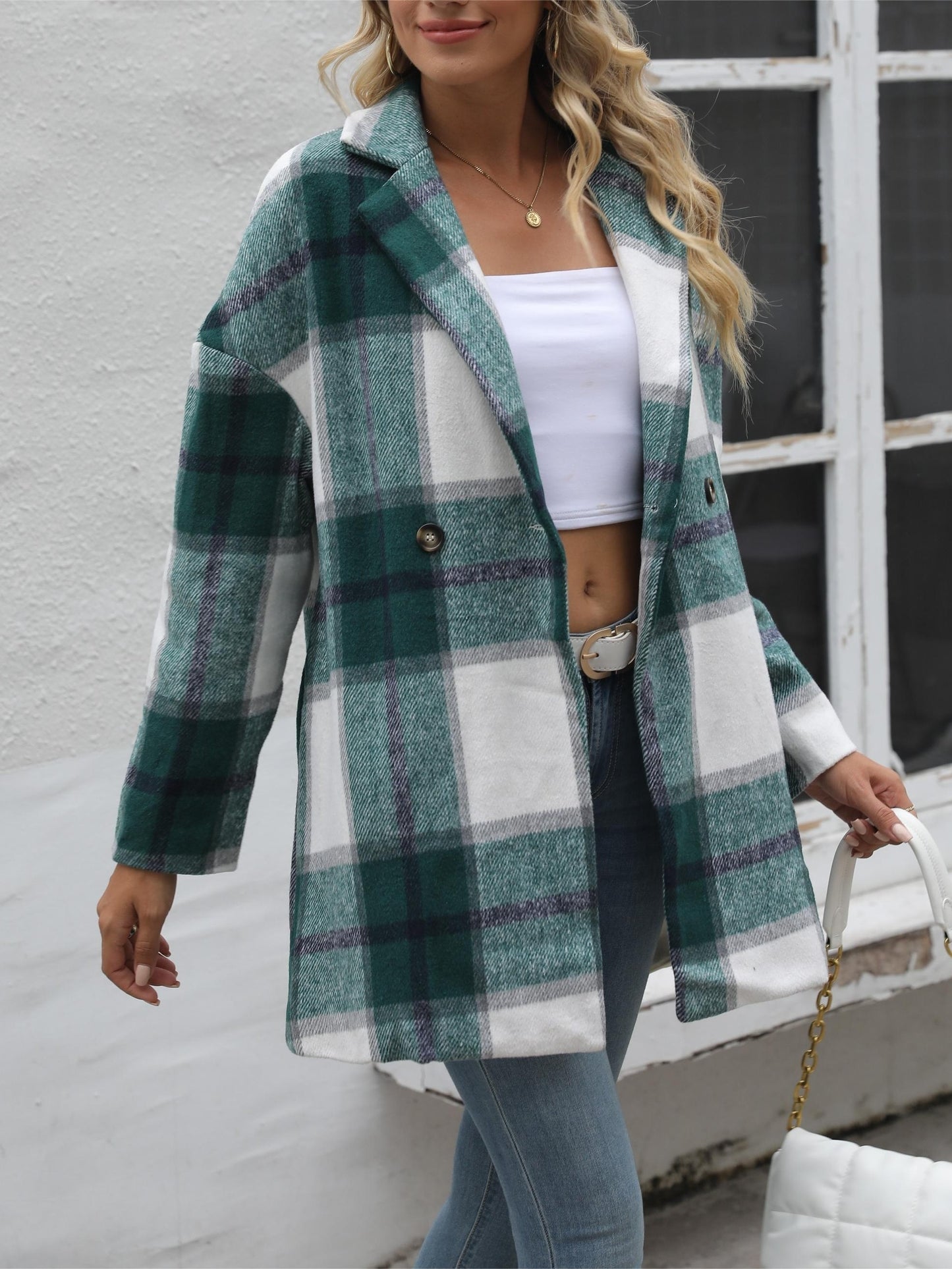 Antmvs Gingham Button Drop Shoulder Coat, Casual Long Sleeve Fashion Loose Plaid Outerwear, Women's Clothing