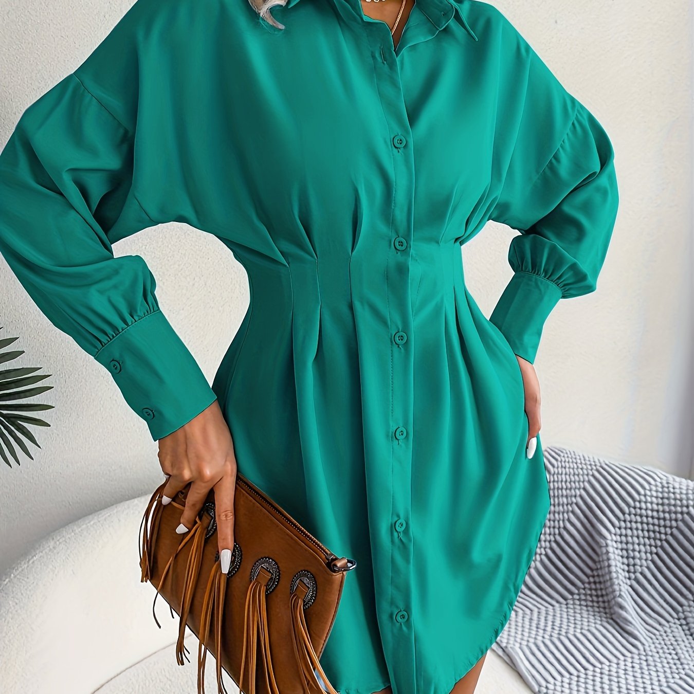 Antmvs Long Sleeve Mini Shirt Dress, Button Up Casual Dress For Fall & Spring, Women's Clothing