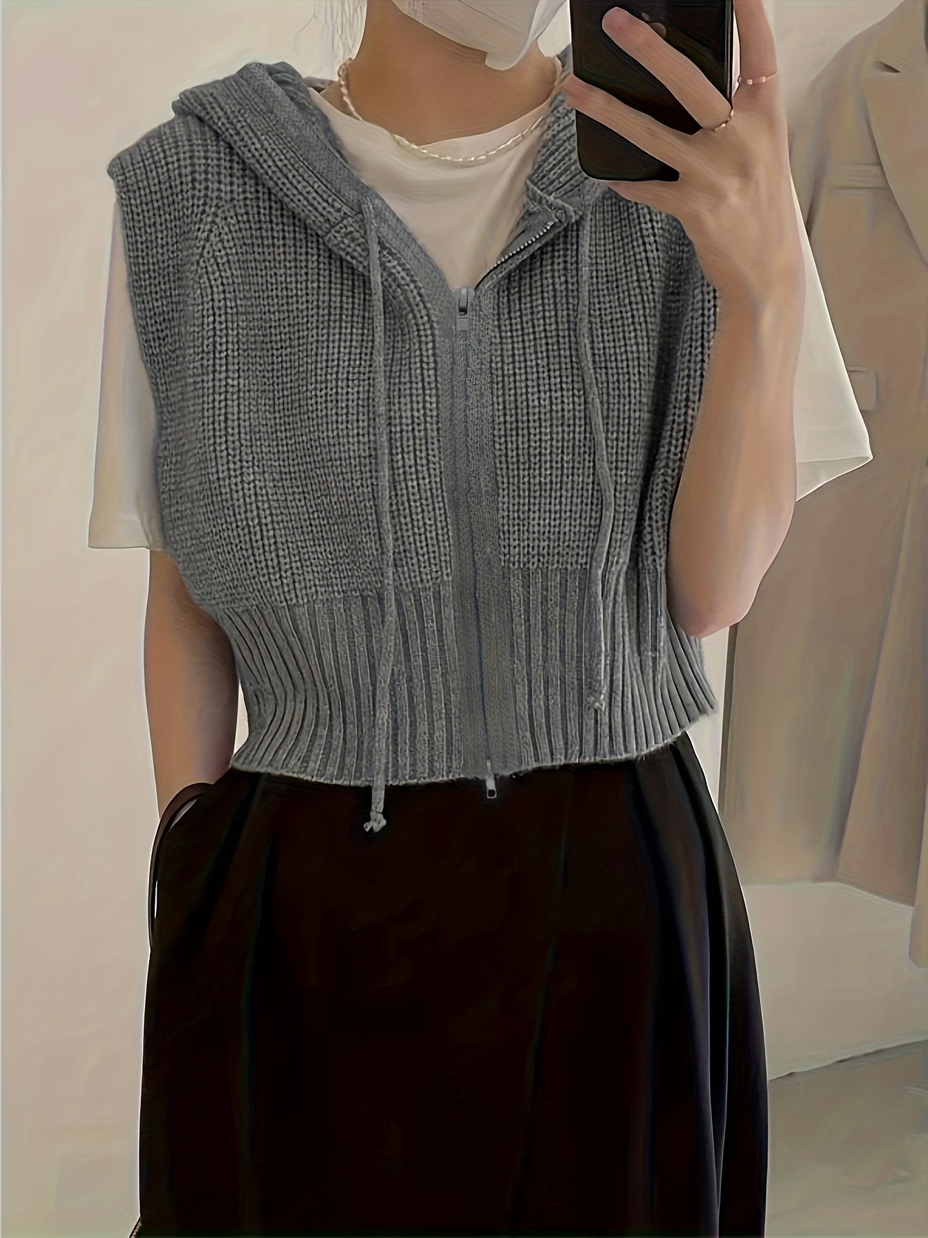 Antmvs Y2K Solid Zip Up Sweater Vest, Sleeveless Drawstring Hooded Sweater, Women's Clothing