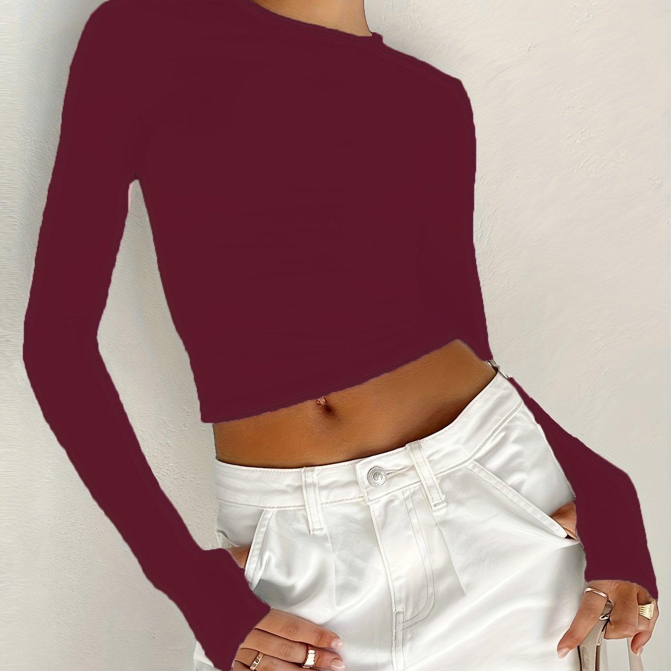 Antmvs Slim Solid Crew Neck T-Shirt, Y2K Long Sleeve T-Shirt For Spring & Fall, Women's Clothing
